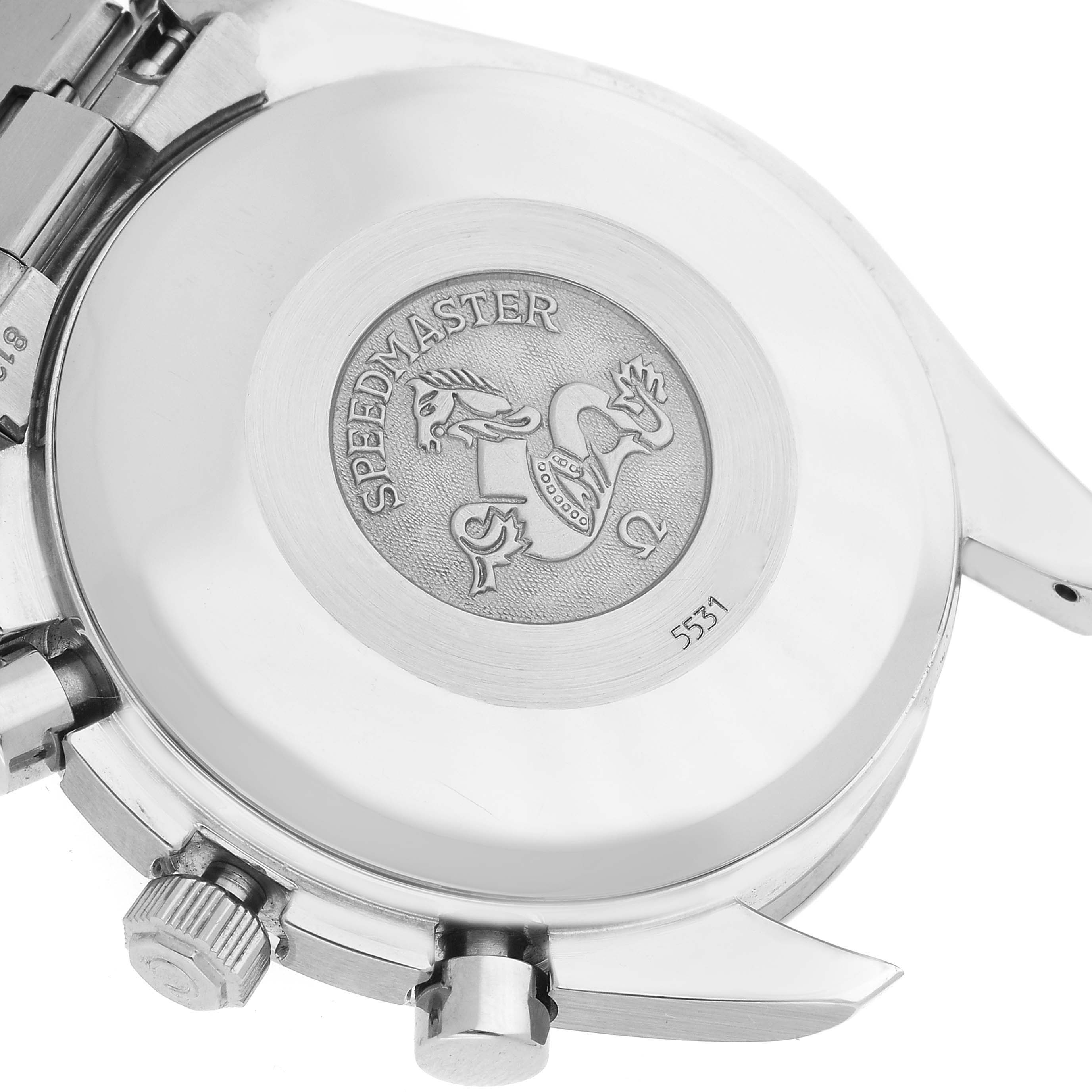 This image shows the back case of the Omega Speedmaster 3521.80.00 Men
s Stainless Steel Blue Dial 3521.80.00 Men
s Stainless Steel Blue Dial watch, highlighting its engraved emblem and serial number.