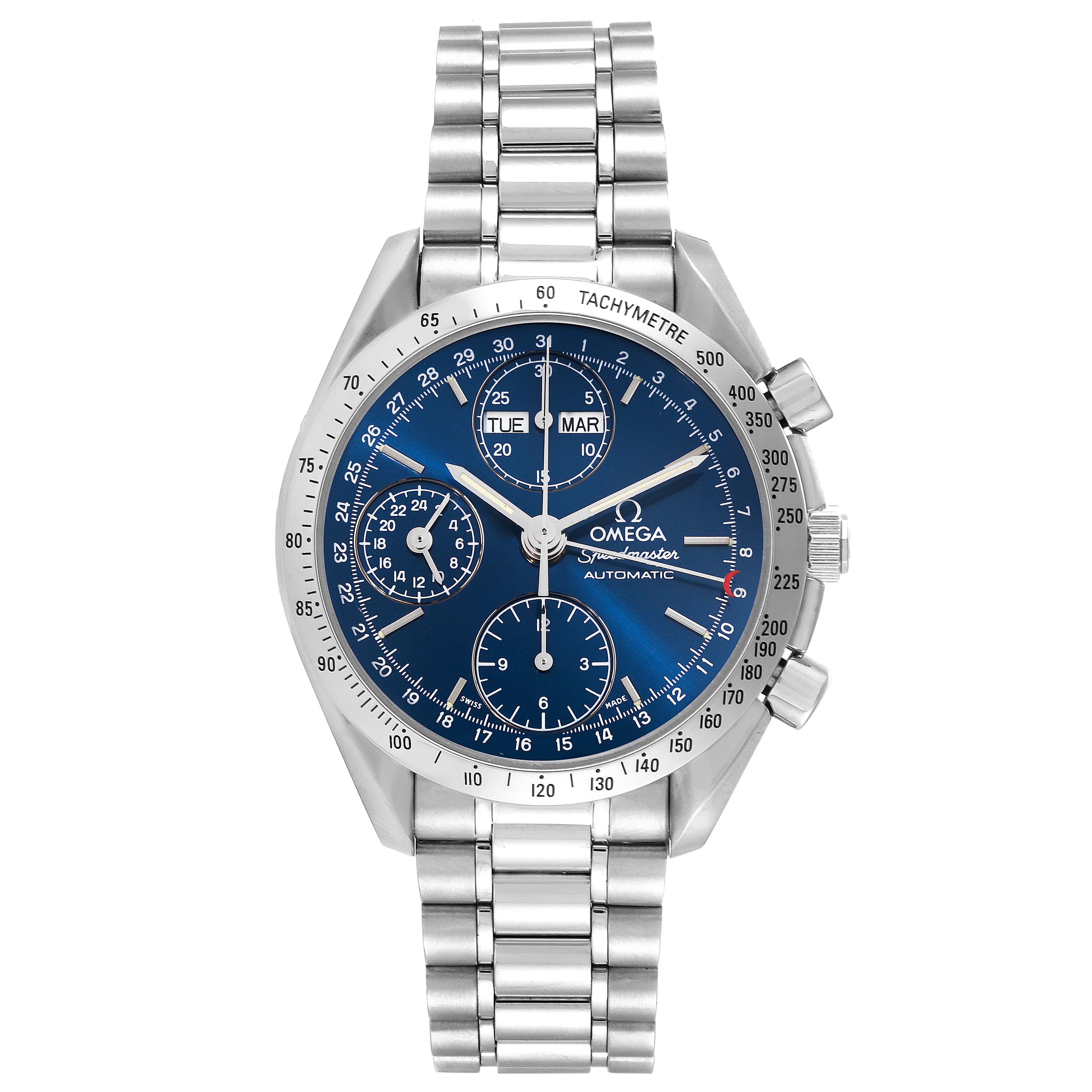 The image shows a front view of an Omega Speedmaster 3521.80.00 Men
s Stainless Steel Blue Dial 3521.80.00 Men
s Stainless Steel Blue Dial watch with a blue dial and silver metal bracelet.