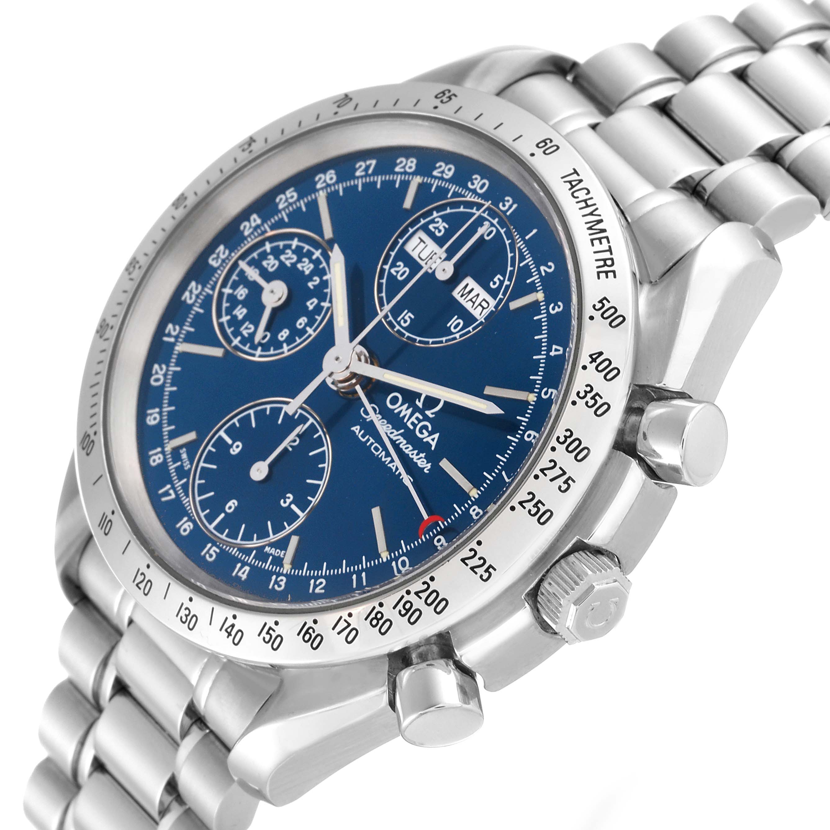 This image shows a close-up angled view of the dial and bracelet of the Omega Speedmaster 3521.80.00 Men
s Stainless Steel Blue Dial 3521.80.00 Men
s Stainless Steel Blue Dial watch.