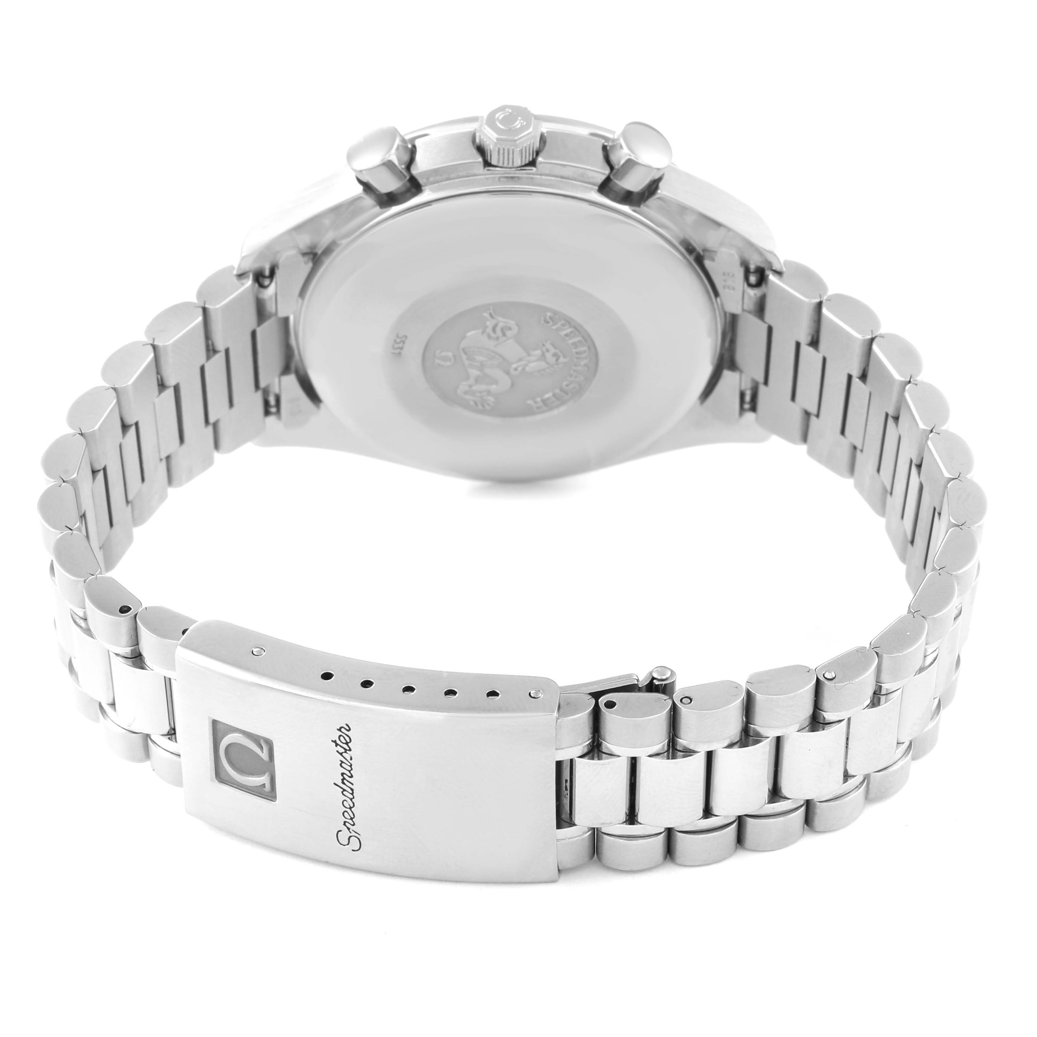 This image shows the back, clasp, and bracelet of the Omega Speedmaster 3521.80.00 Men
s Stainless Steel Blue Dial 3521.80.00 Men
s Stainless Steel Blue Dial watch at an angled rear view.