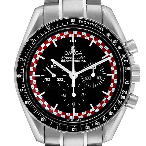 The Omega Speedmaster 311.30.42.30.01.004 Men's Stainless Steel Black Dial watch is shown from a front angle, highlighting the dial, bezel, pushers, and stainless steel bracelet.