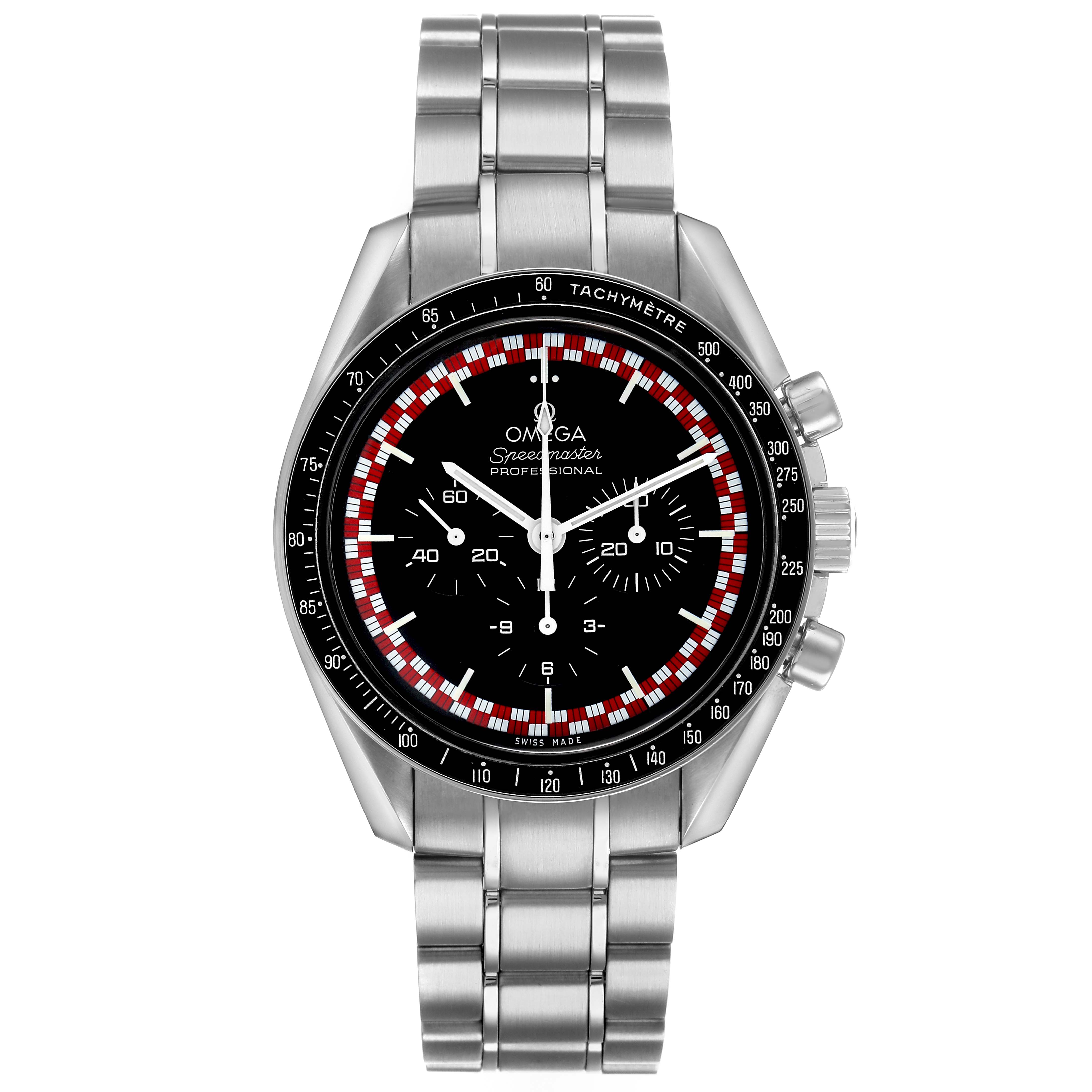 The Omega Speedmaster 311.30.42.30.01.004 Men's Stainless Steel Black Dial is shown from the front, displaying the dial, bezel, and bracelet.