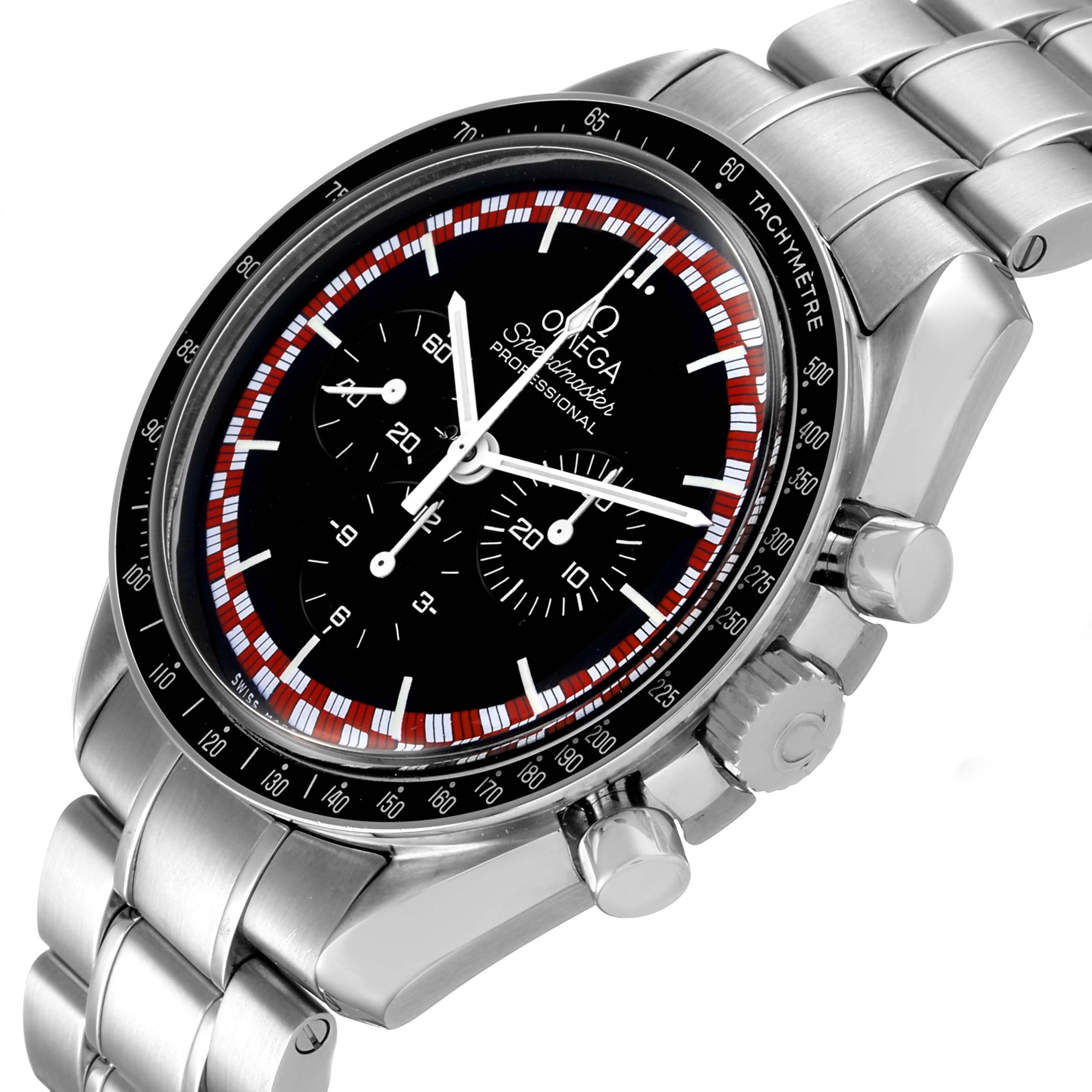 The Omega Speedmaster 311.30.42.30.01.004 Men's Stainless Steel Black Dial watch is shown at a slight angle from the front, displaying the dial, bezel, pushers, and bracelet.