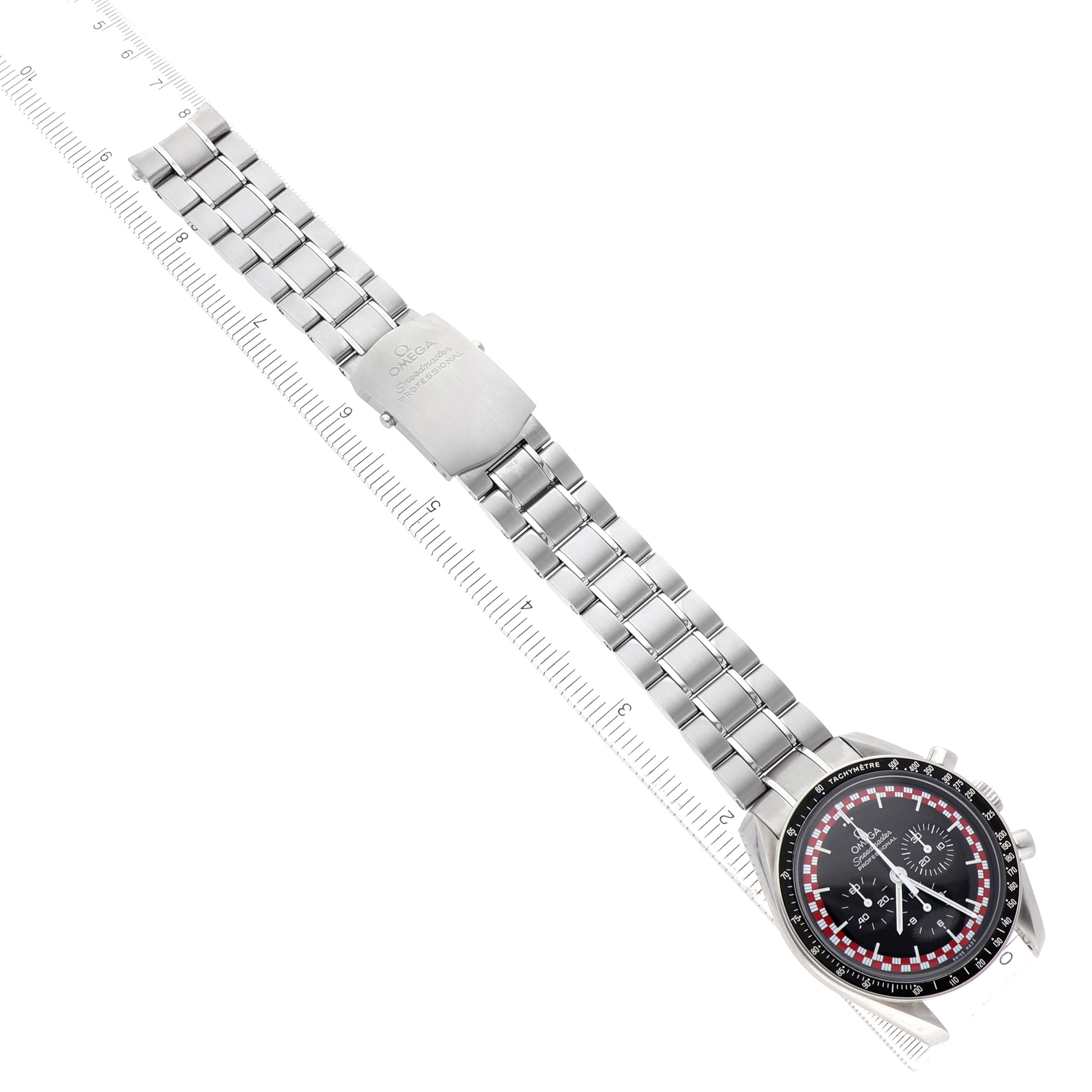 The Omega Speedmaster 311.30.42.30.01.004 Men's Stainless Steel Black Dial watch is shown at a slight angle, displaying the dial, tachymeter bezel, and metal bracelet with clasp.