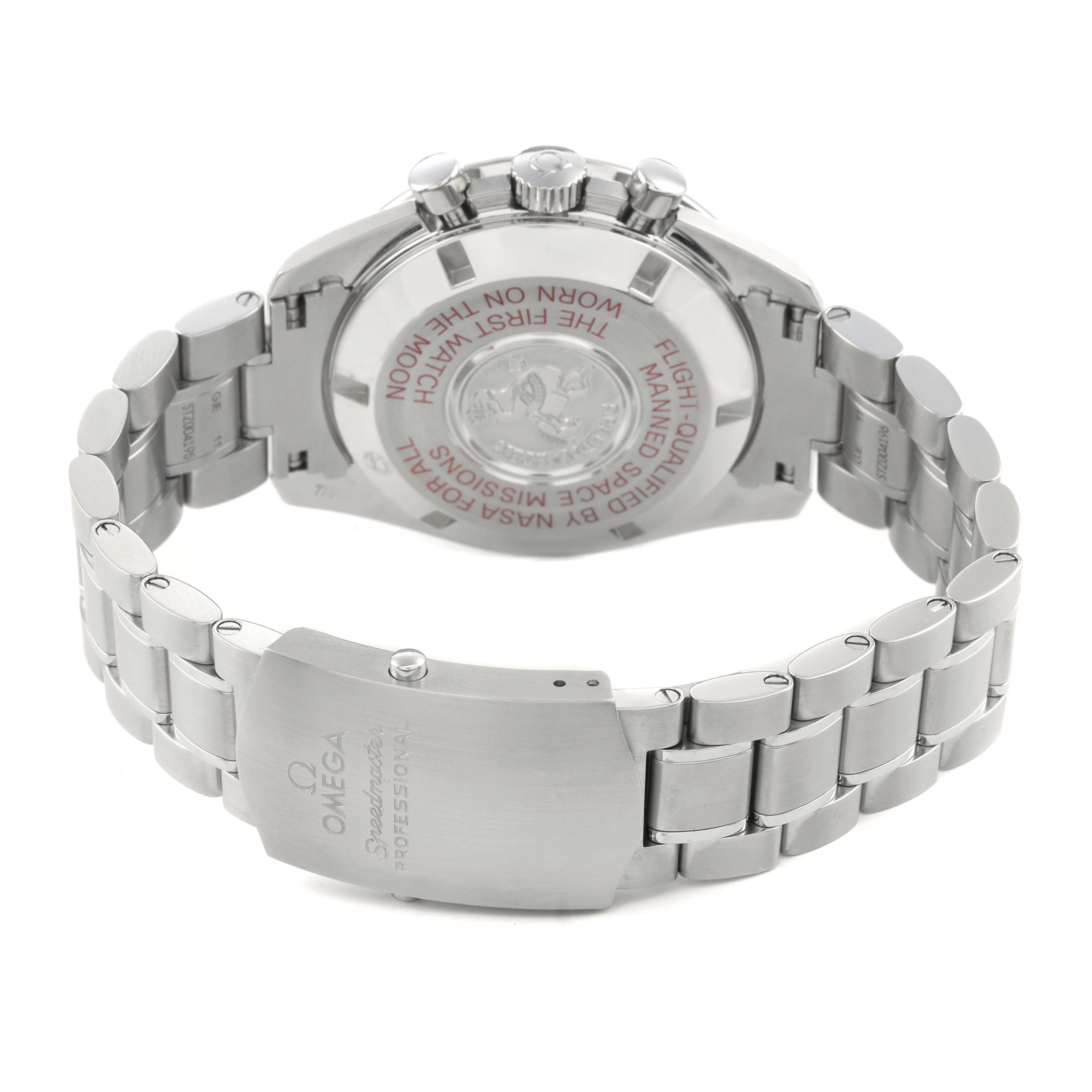 The image shows the back of an Omega Speedmaster 311.30.42.30.01.004 Men's Stainless Steel Black Dial, highlighting the case back and metal bracelet clasp.