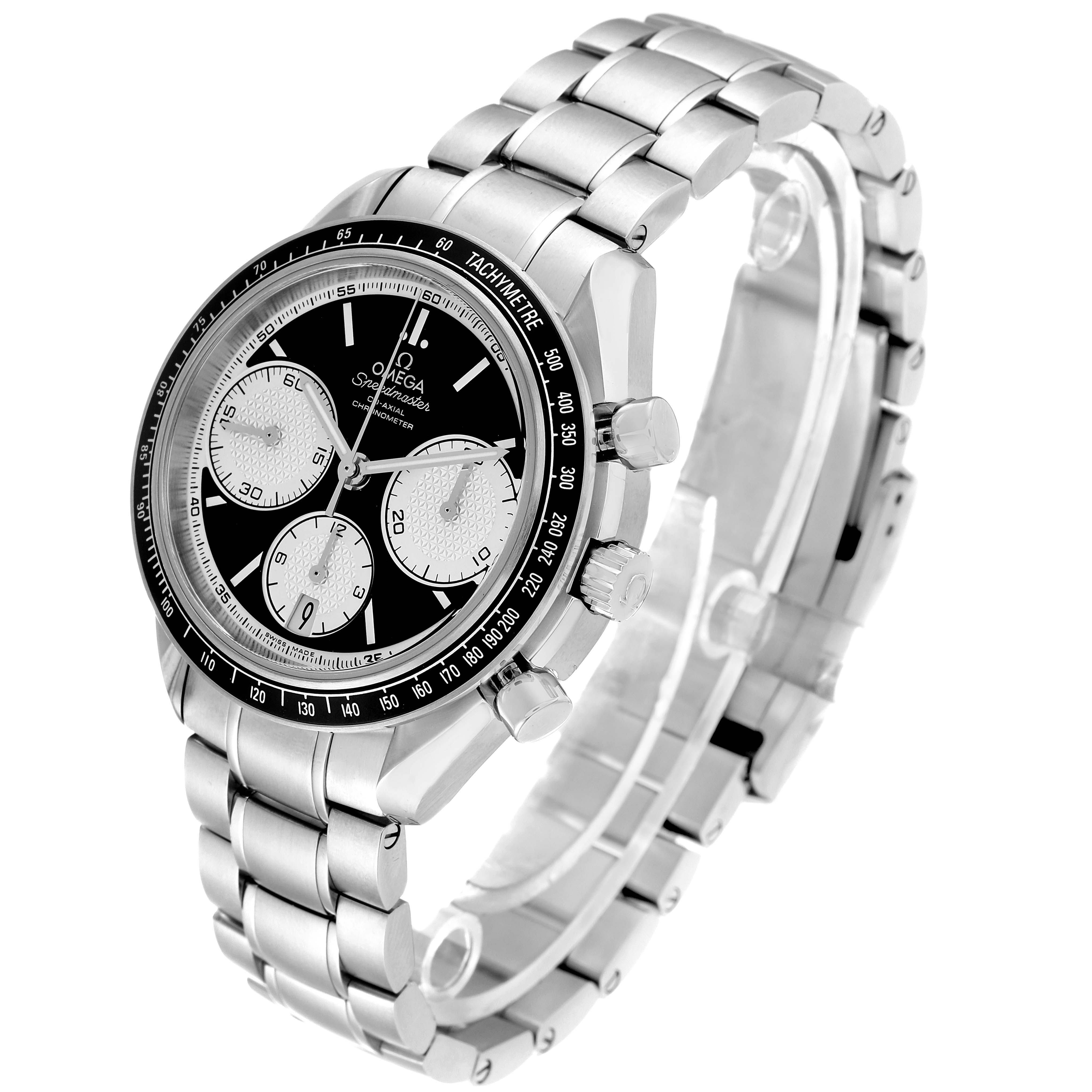 The image shows a three-quarter angle view of an Omega Speedmaster 326.30.40.50.01.002 Men
s Stainless Steel Black Dial 326.30.40.50.01.002 Men
s Stainless Steel Black Dial watch, highlighting the dial, bezel, and stainless steel bracelet.