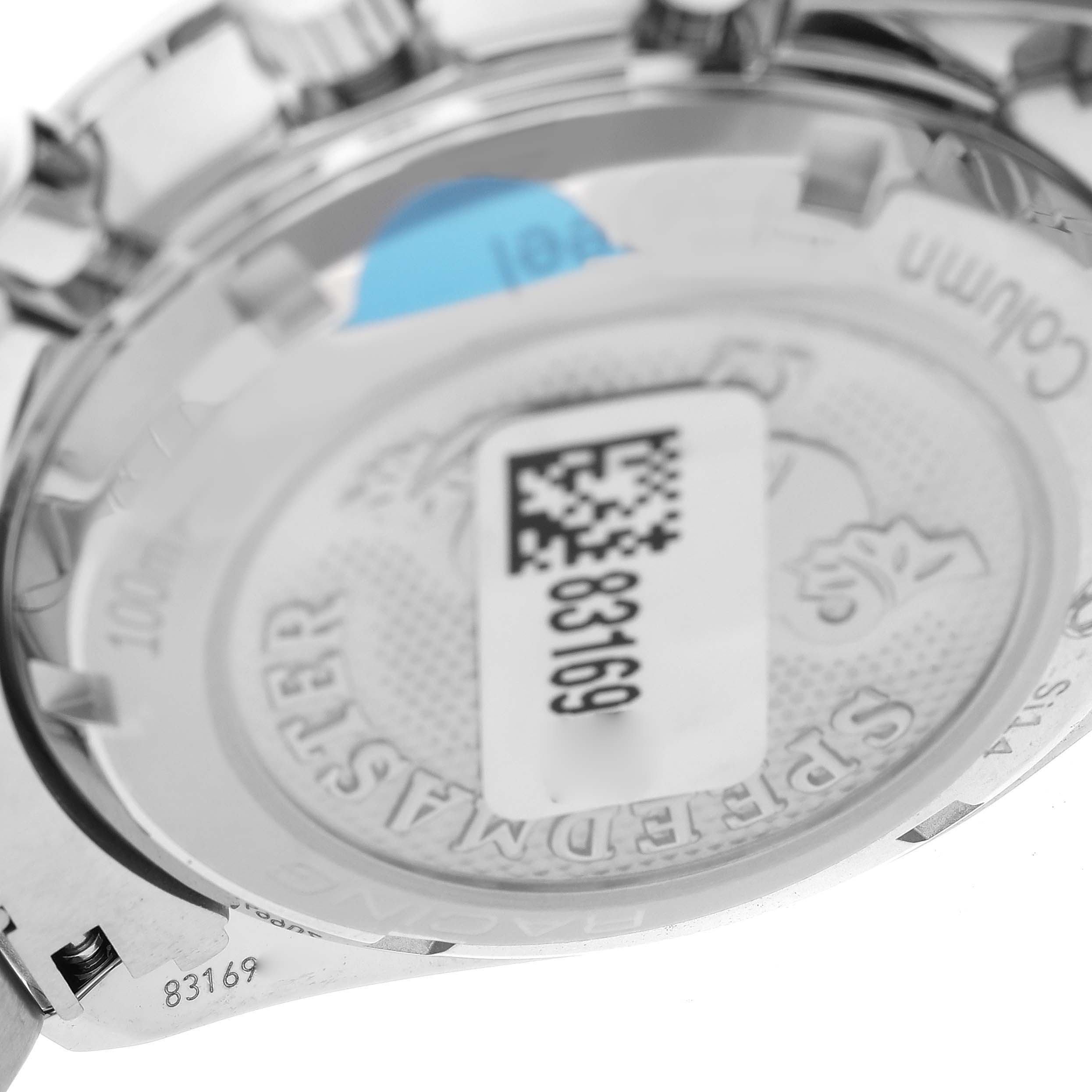 The image shows the backside and partial bracelet of an Omega Speedmaster 326.30.40.50.01.002 Men
s Stainless Steel Black Dial 326.30.40.50.01.002 Men
s Stainless Steel Black Dial watch, highlighting the case back with engraved details.