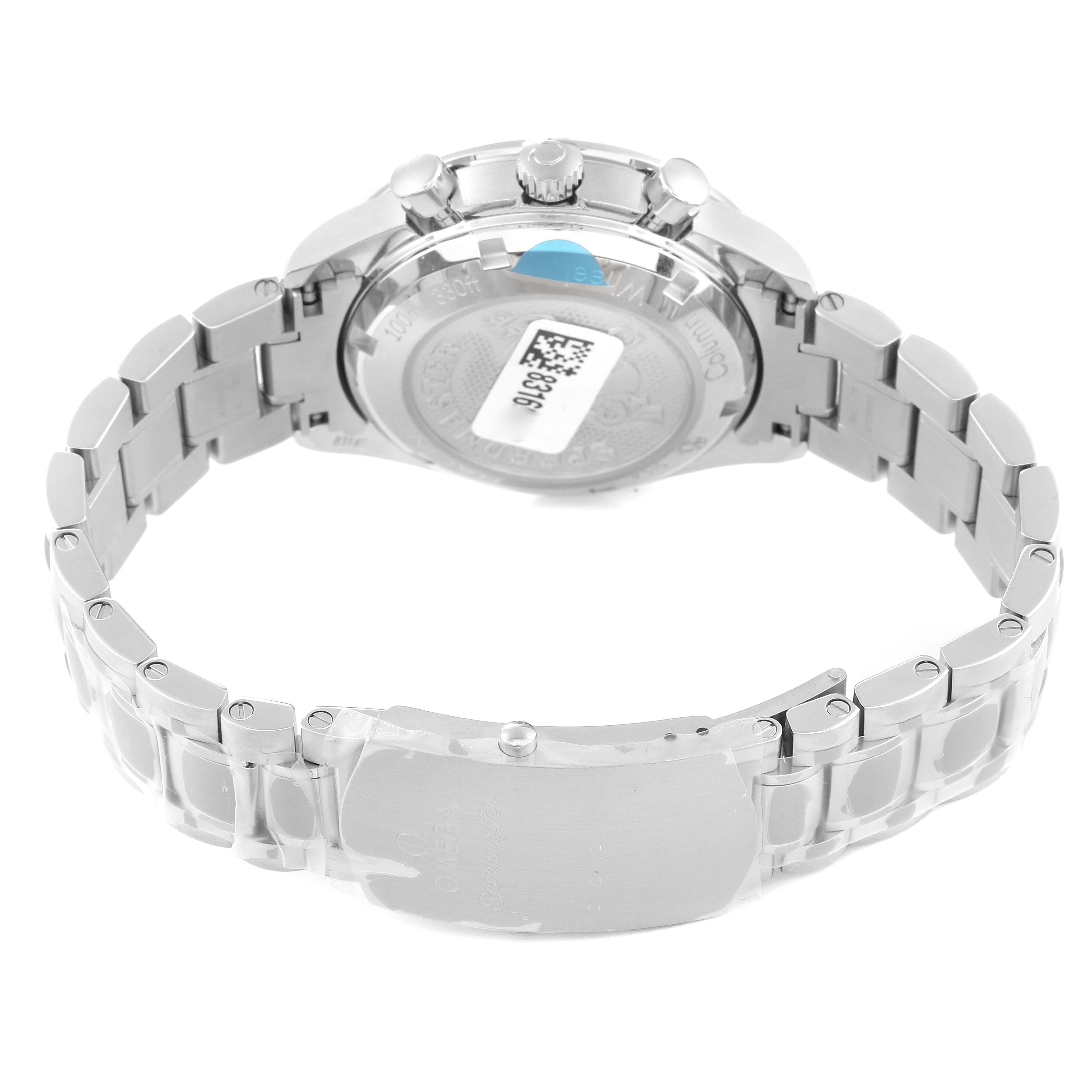 The image shows the back view of an Omega Speedmaster 326.30.40.50.01.002 Men
s Stainless Steel Black Dial 326.30.40.50.01.002 Men
s Stainless Steel Black Dial watch, highlighting the clasp and bracelet.