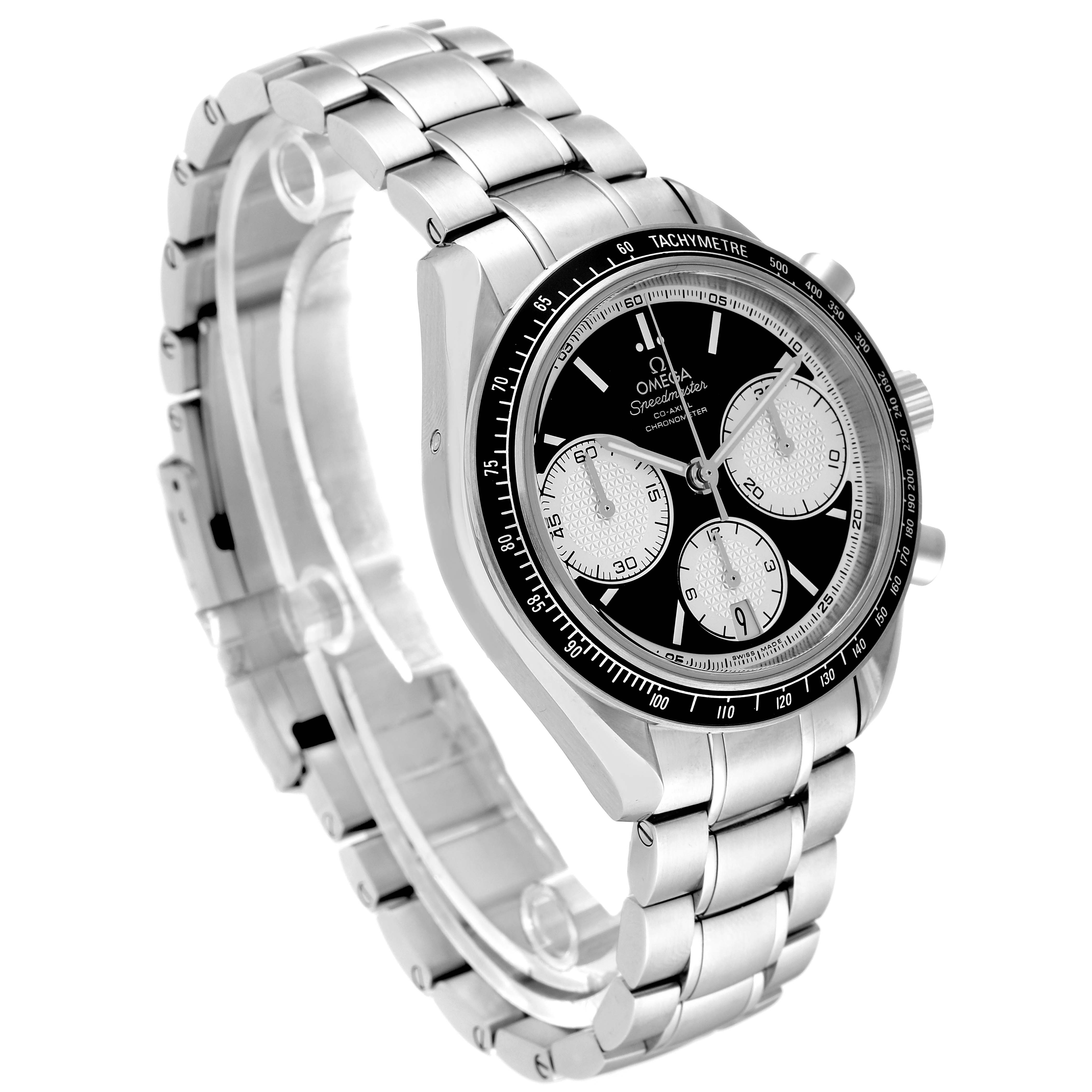 The image shows an Omega Speedmaster 326.30.40.50.01.002 Men
s Stainless Steel Black Dial 326.30.40.50.01.002 Men
s Stainless Steel Black Dial watch at a three-quarter angle, highlighting its face and metal bracelet.