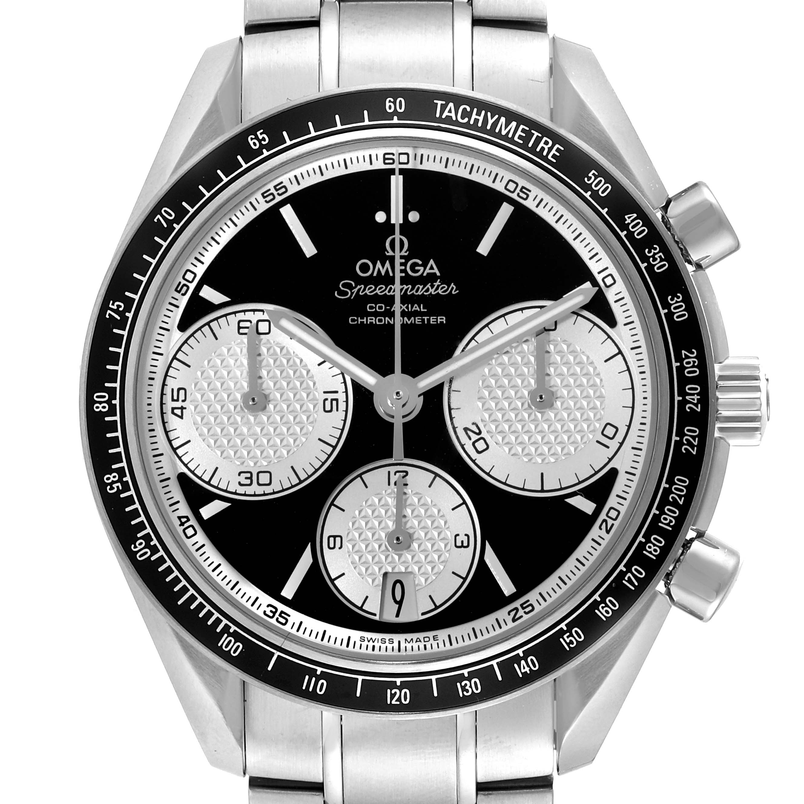 This image shows a front view of the Omega Speedmaster 326.30.40.50.01.002 Men
s Stainless Steel Black Dial 326.30.40.50.01.002 Men
s Stainless Steel Black Dial watch featuring its dial, bezel, and stainless steel bracelet.