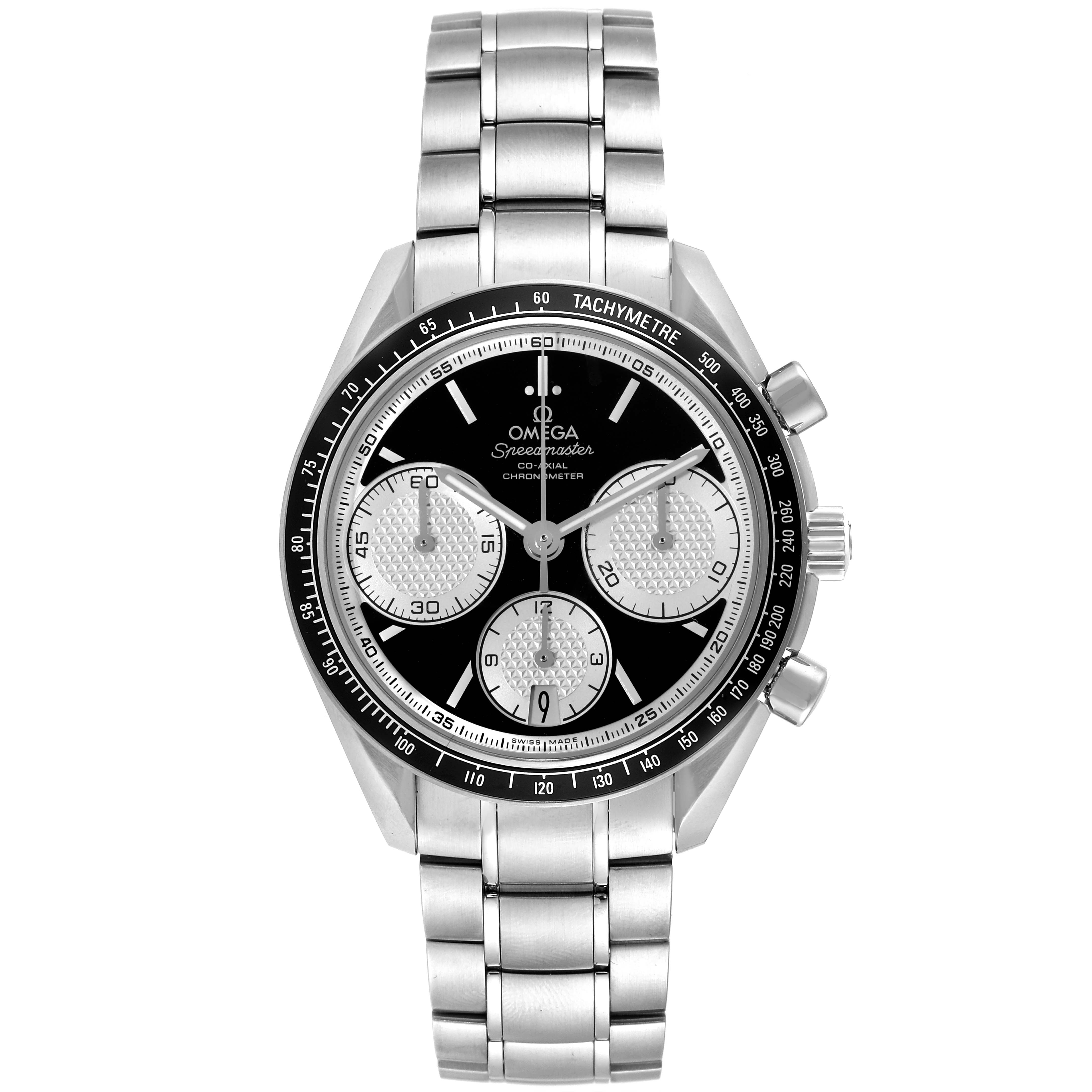 This image shows a front angle of the Omega Speedmaster 326.30.40.50.01.002 Men
s Stainless Steel Black Dial 326.30.40.50.01.002 Men
s Stainless Steel Black Dial watch, highlighting its face, bezel, and metal bracelet.