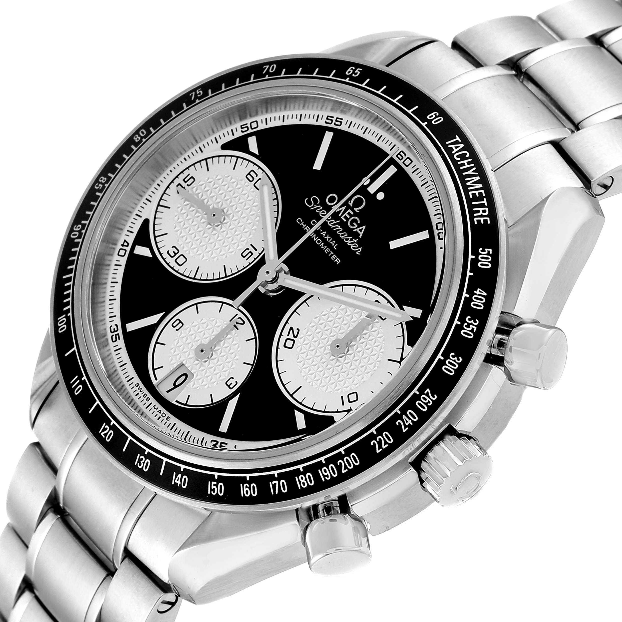 This image shows an angled view of the Omega Speedmaster 326.30.40.50.01.002 Men
s Stainless Steel Black Dial 326.30.40.50.01.002 Men
s Stainless Steel Black Dial watch highlighting the dial, subdials, bezel, and part of the bracelet.