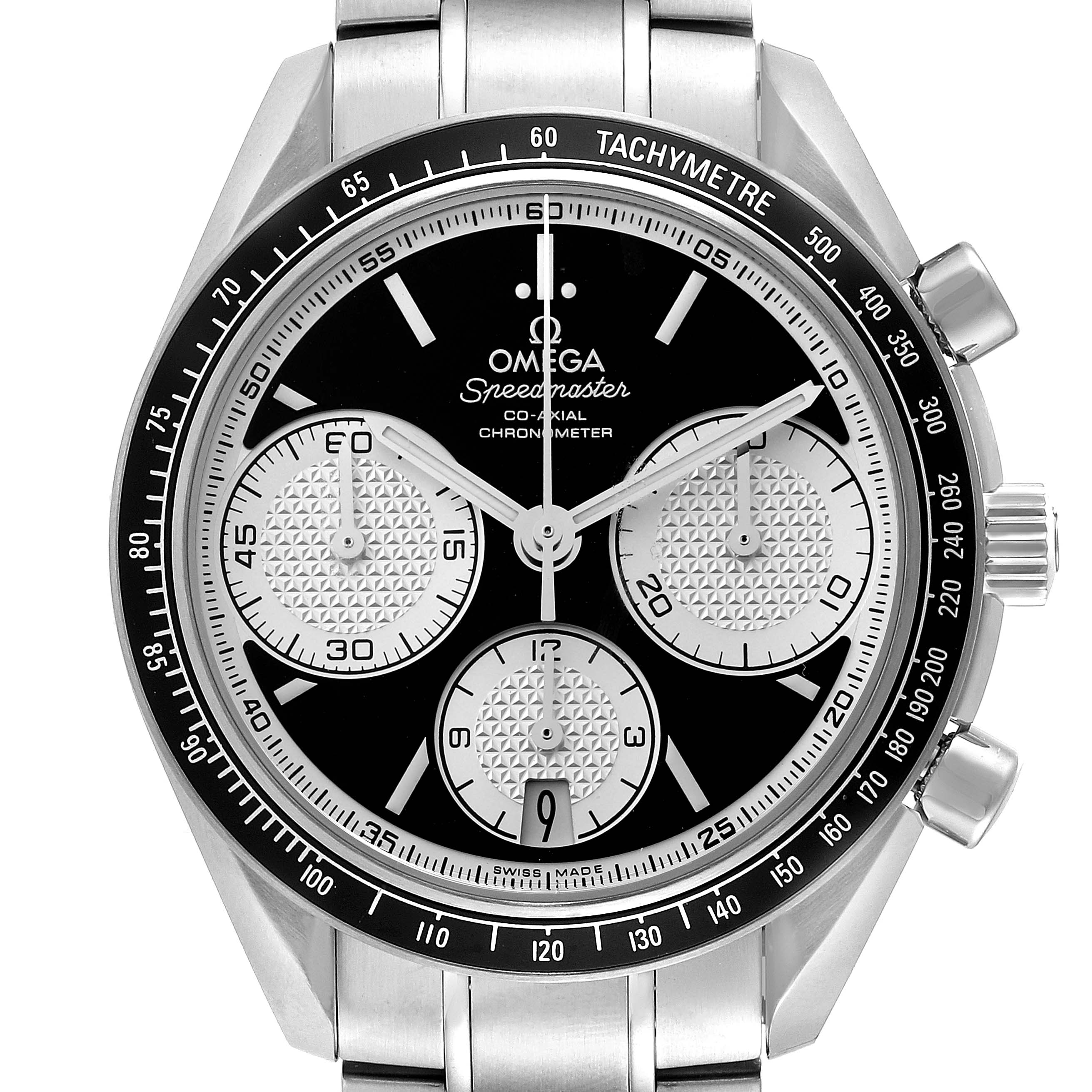 The image shows a front view of an Omega Speedmaster 326.30.40.50.01.002 Men
s Stainless Steel Black Dial 326.30.40.50.01.002 Men
s Stainless Steel Black Dial watch, highlighting the dial and chronograph subdials.