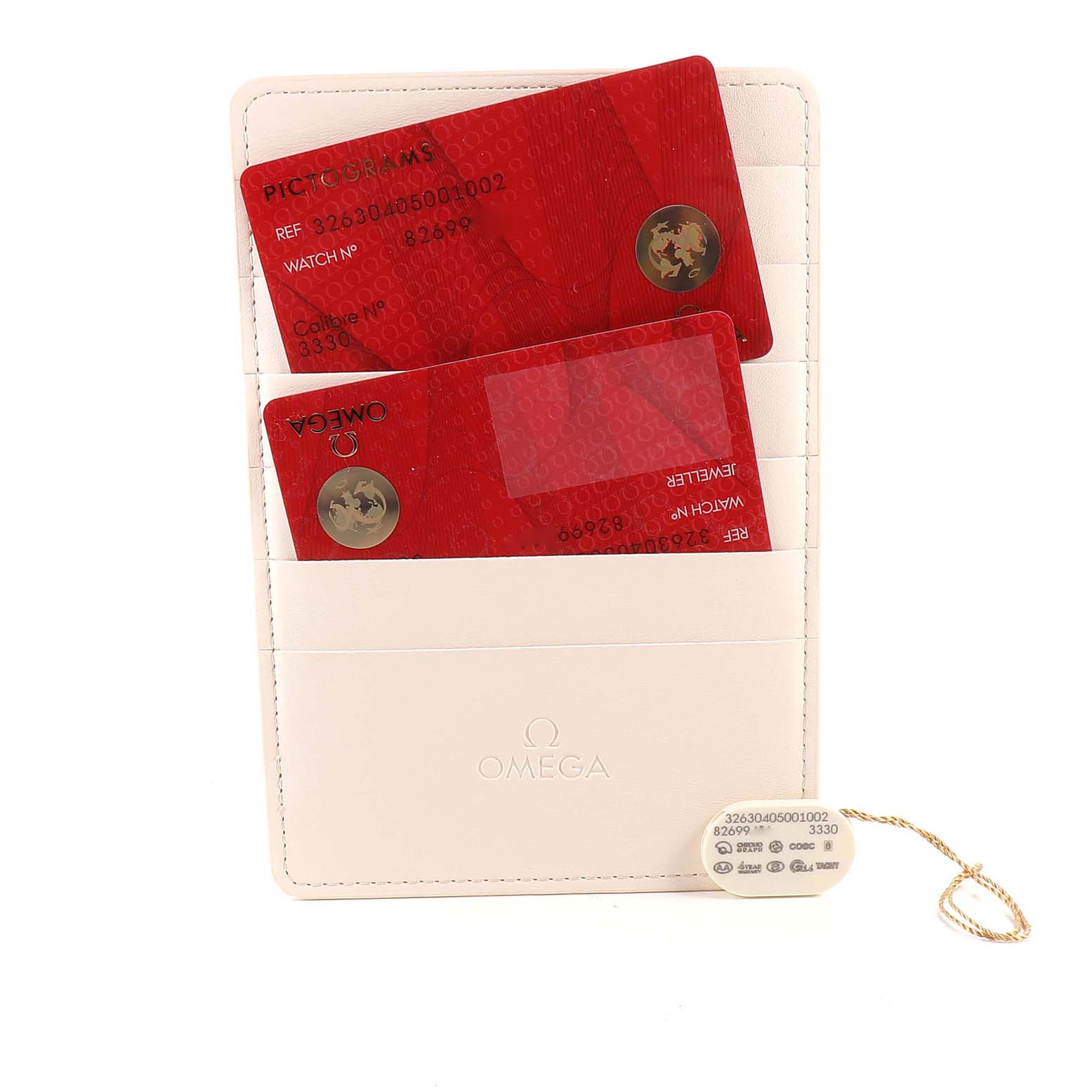 The image shows an Omega Speedmaster 326.30.40.50.01.002 Men
s Stainless Steel Black Dial 326.30.40.50.01.002 Men
s Stainless Steel Black Dial
s certification cards and a white cardholder from a front angle.