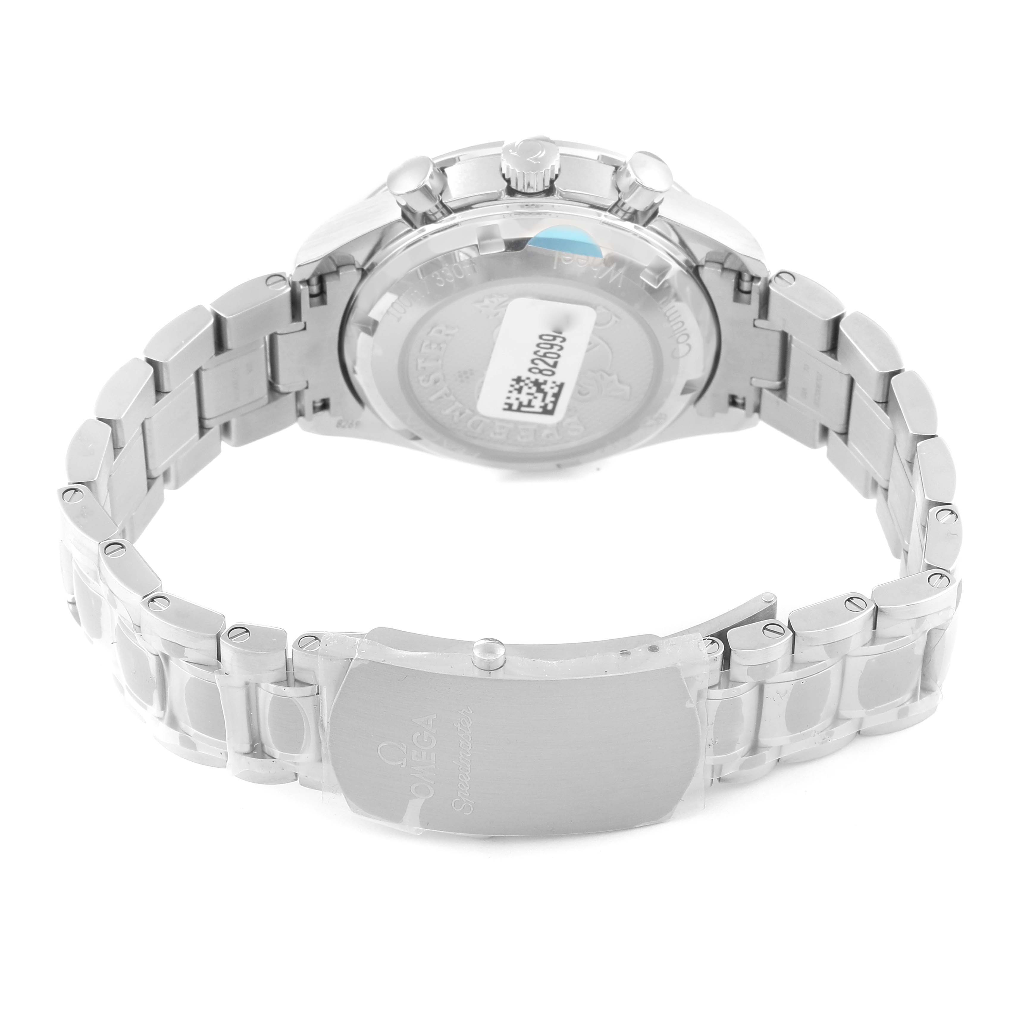 This image shows the back view of the Omega Speedmaster 326.30.40.50.01.002 Men
s Stainless Steel Black Dial 326.30.40.50.01.002 Men
s Stainless Steel Black Dial watch, highlighting the case back and stainless steel bracelet with a clasp.