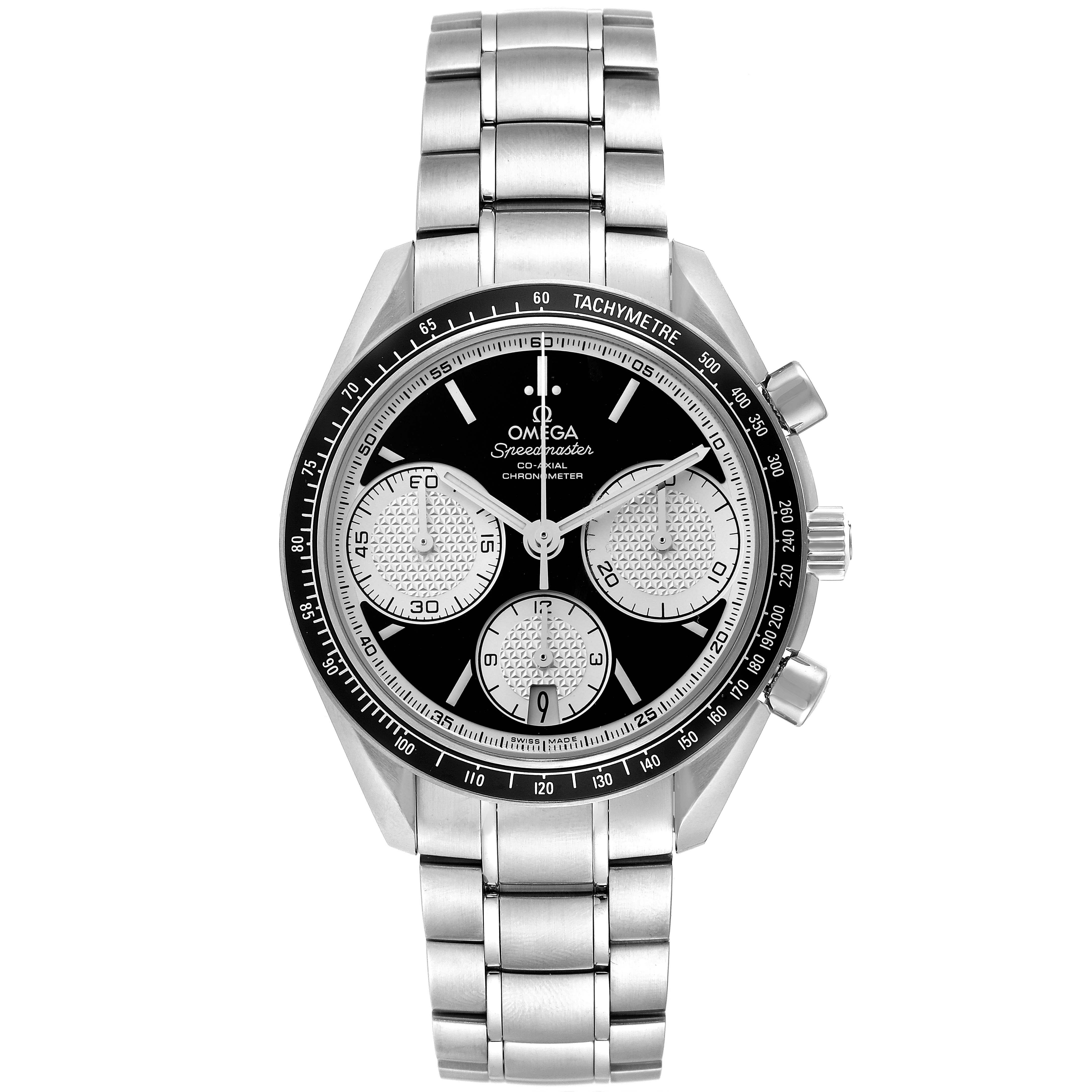 The Omega Speedmaster 326.30.40.50.01.002 Men
s Stainless Steel Black Dial 326.30.40.50.01.002 Men
s Stainless Steel Black Dial watch is shown from a front-facing angle, displaying the dial, subdials, and bracelet.