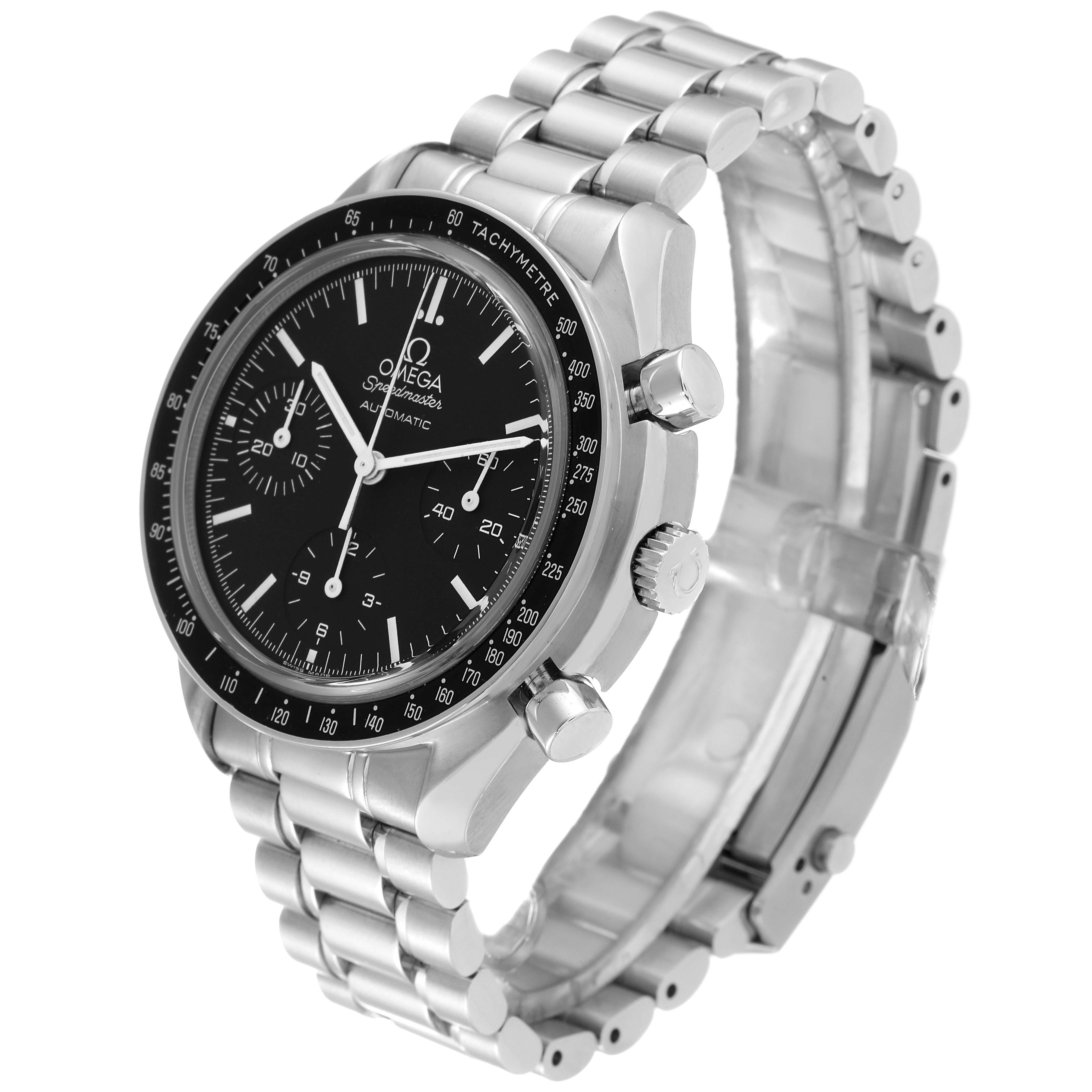 The image shows a side angle of an Omega Speedmaster 3539.50.00 Men
s Stainless Steel Black Dial 3539.50.00 Men
s Stainless Steel Black Dial watch highlighting its black dial, tachymeter bezel, and stainless steel bracelet.