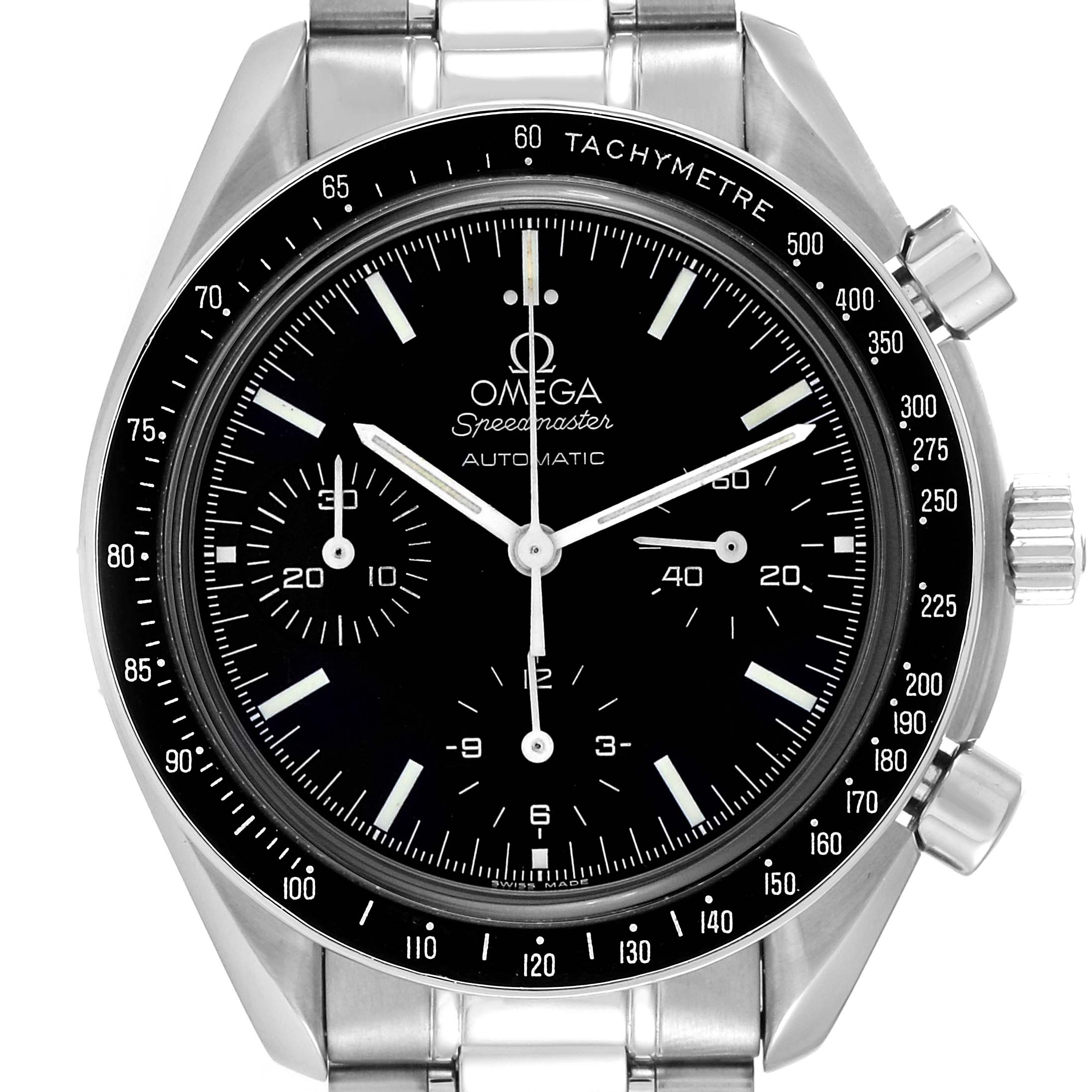 The image shows a front-facing view of the Omega Speedmaster 3539.50.00 Men
s Stainless Steel Black Dial 3539.50.00 Men
s Stainless Steel Black Dial watch, highlighting the dial, bezel, and bracelet.
