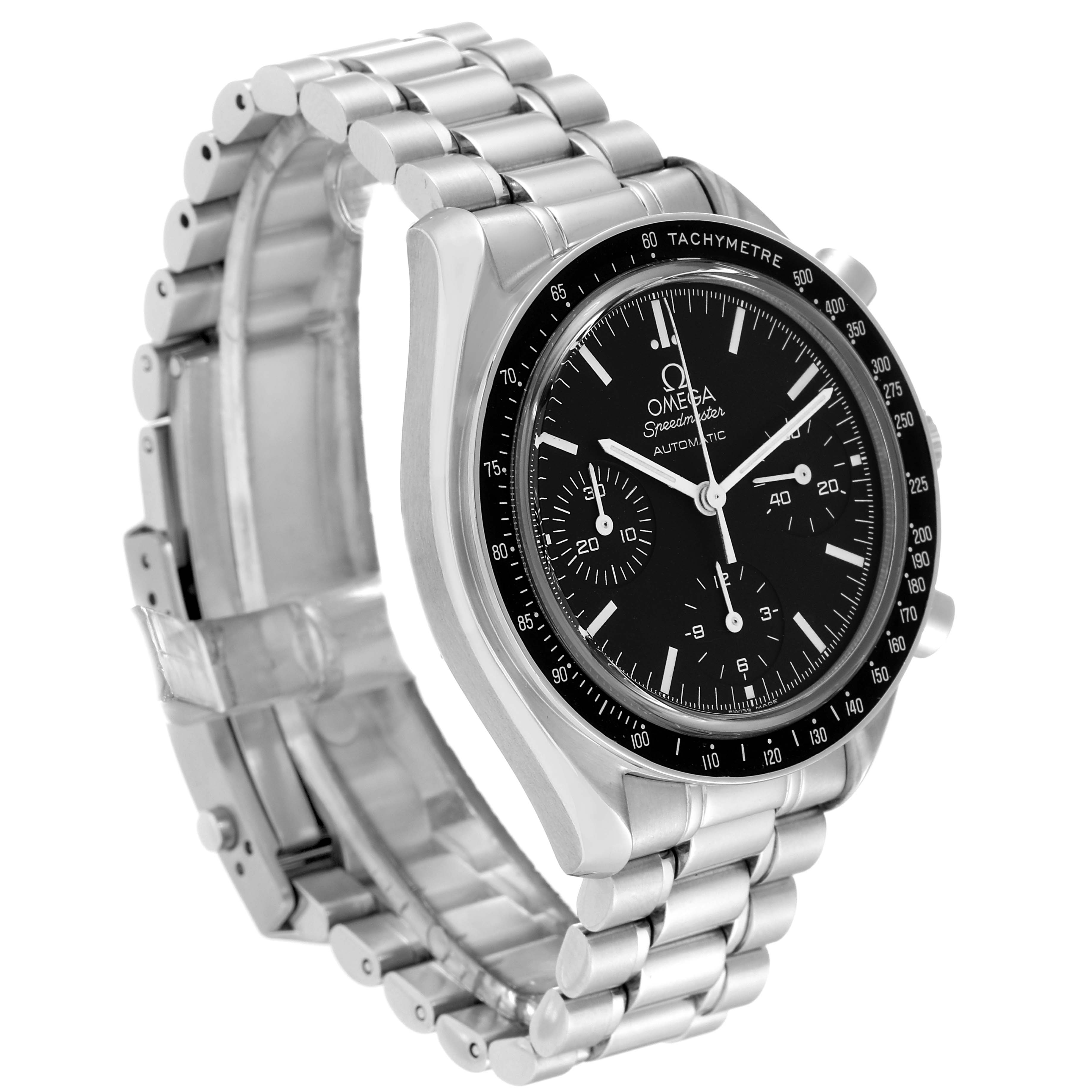 The image shows an Omega Speedmaster 3539.50.00 Men
s Stainless Steel Black Dial 3539.50.00 Men
s Stainless Steel Black Dial watch angled to display the dial, bezel, case, and metal bracelet.