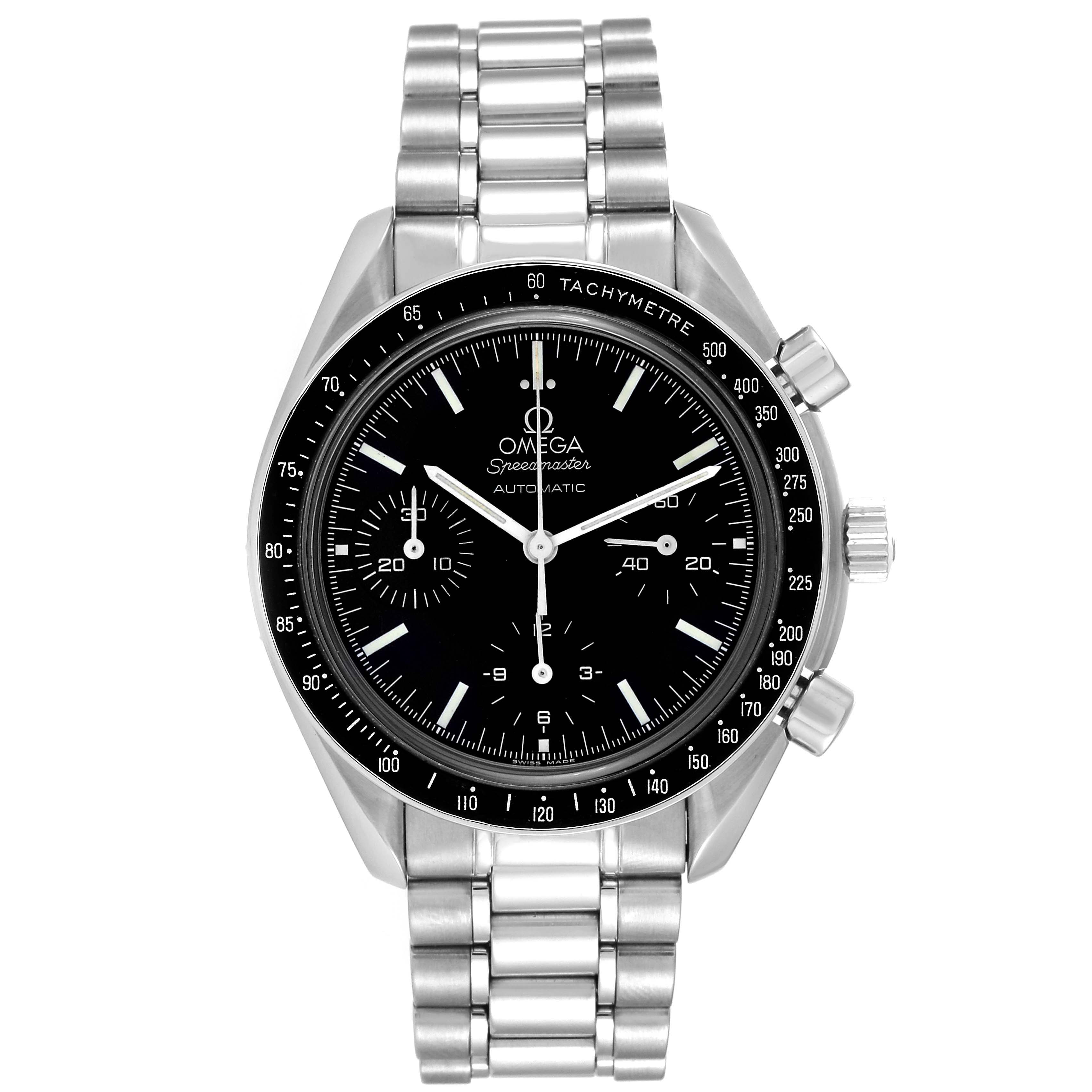 This Omega Speedmaster 3539.50.00 Men
s Stainless Steel Black Dial 3539.50.00 Men
s Stainless Steel Black Dial watch is shown from a front angle, highlighting its dial, bezel, and stainless steel bracelet.