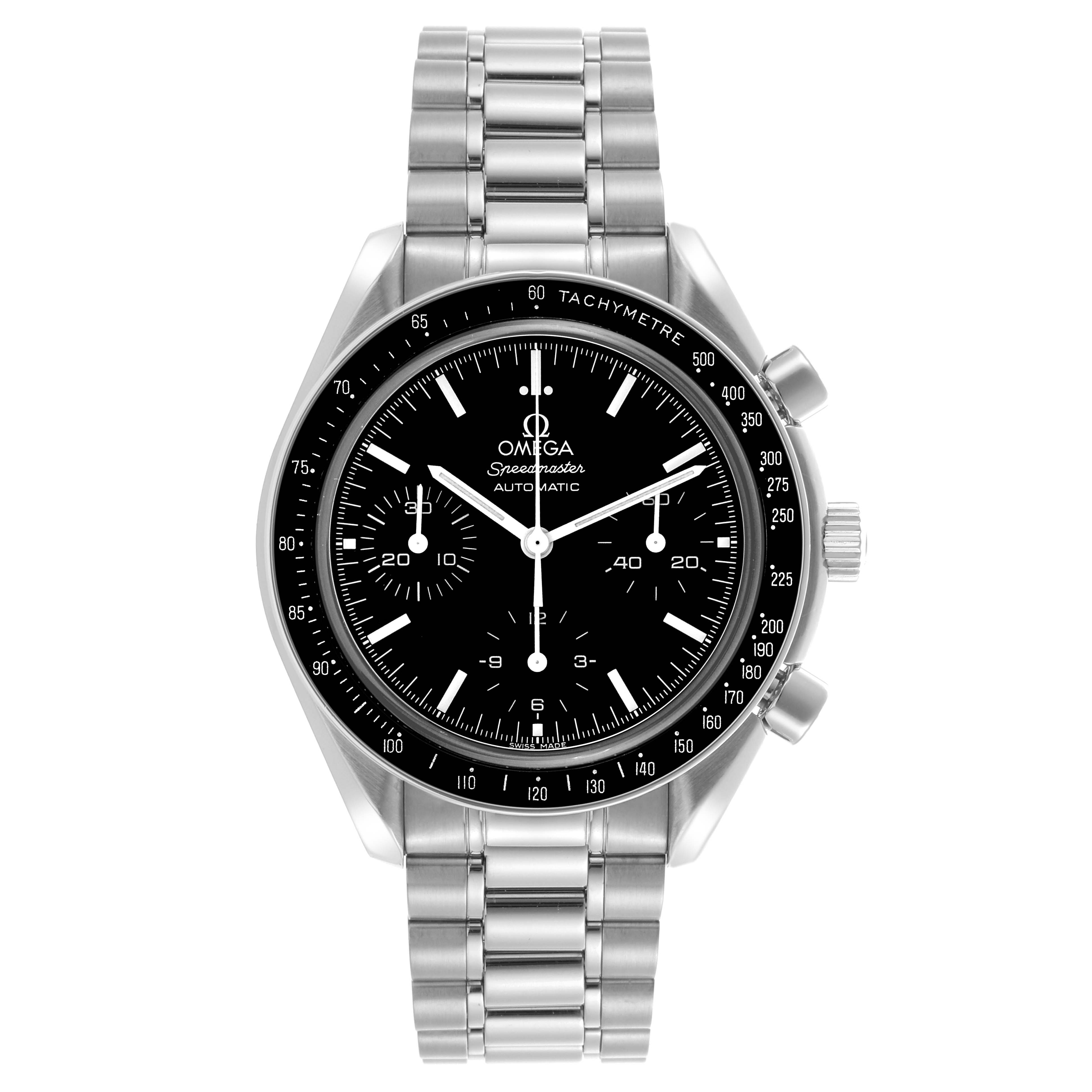 This image shows a front view of an Omega Speedmaster watch, highlighting the dial, bezel, and bracelet.
