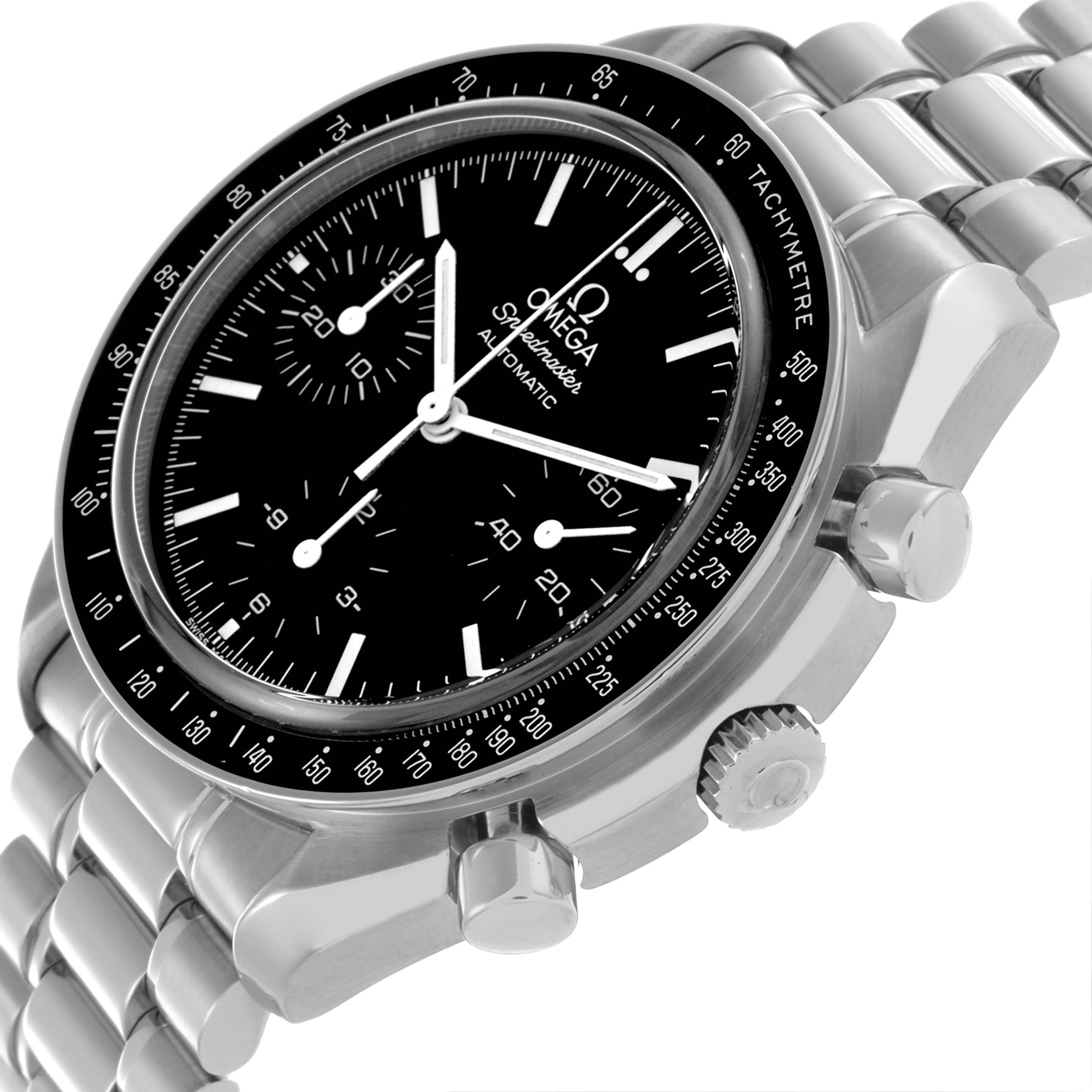 The Omega Seamaster 3539.50.00 Men
s Stainless Steel Black Dial 3539.50.00 Men
s Stainless Steel Black Dial model is shown from an angled side view highlighting the dial, bracelet, and chronograph pushers.