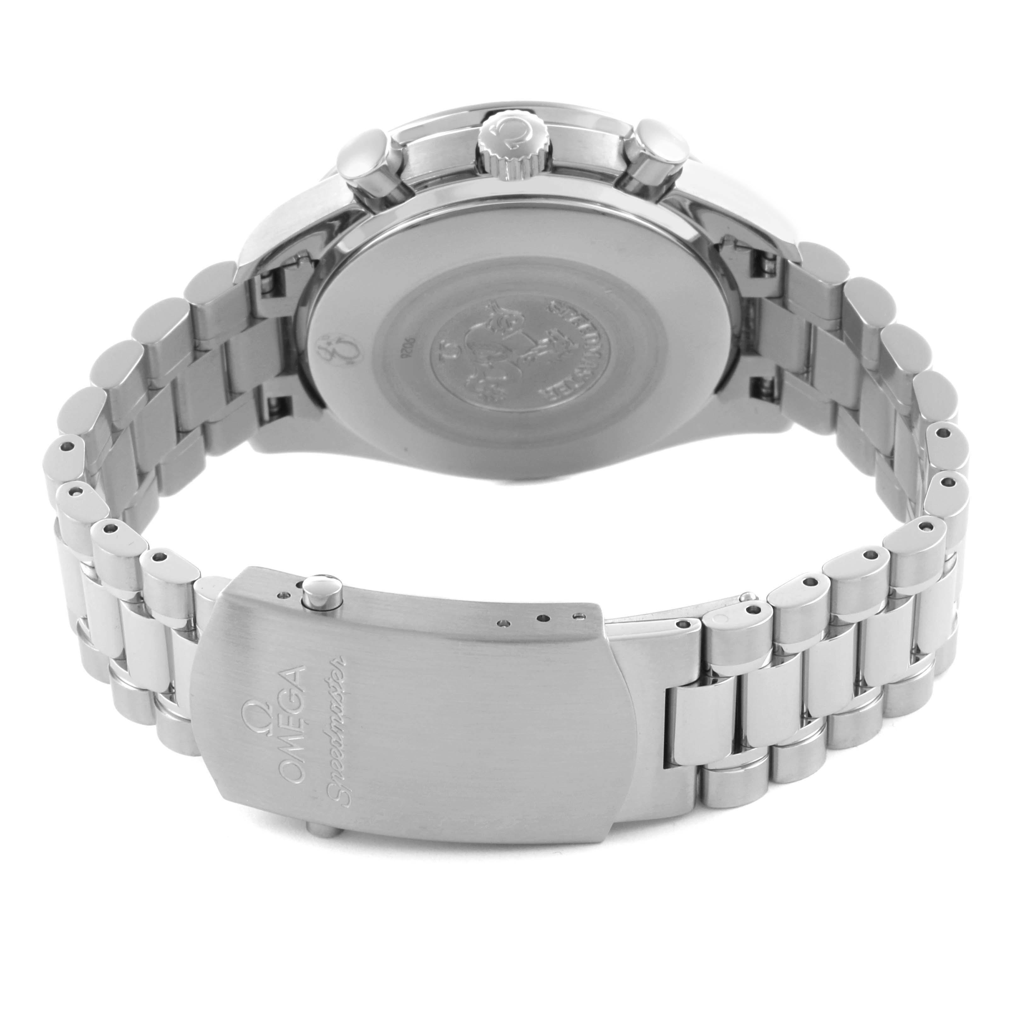 The Omega Seamaster 3539.50.00 Men
s Stainless Steel Black Dial 3539.50.00 Men
s Stainless Steel Black Dial watch is shown from a rear angle, highlighting the case back, bezel, and bracelet with the clasp visible.