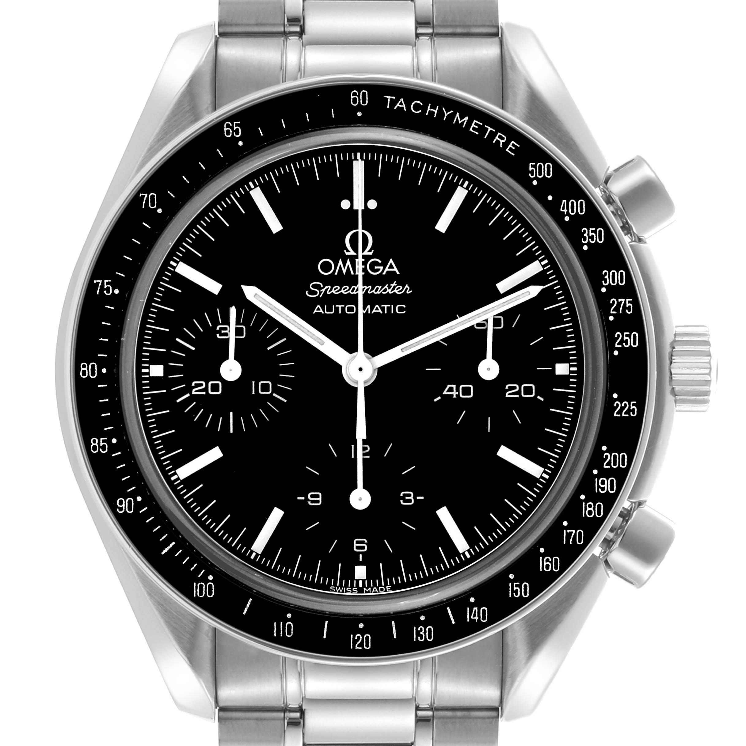 The image shows a frontal view of the Omega Speedmaster watch, highlighting its dial and tachymeter bezel.
