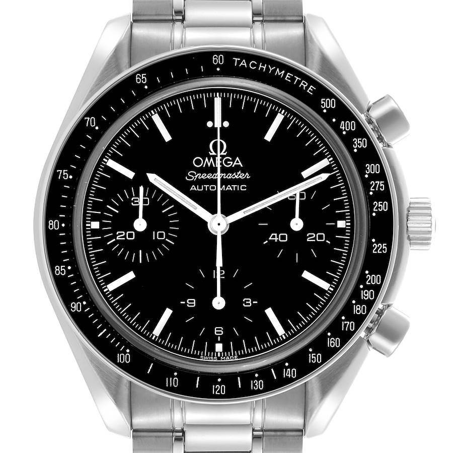 The image shows a frontal view of the Omega Speedmaster watch, highlighting its dial and tachymeter bezel.