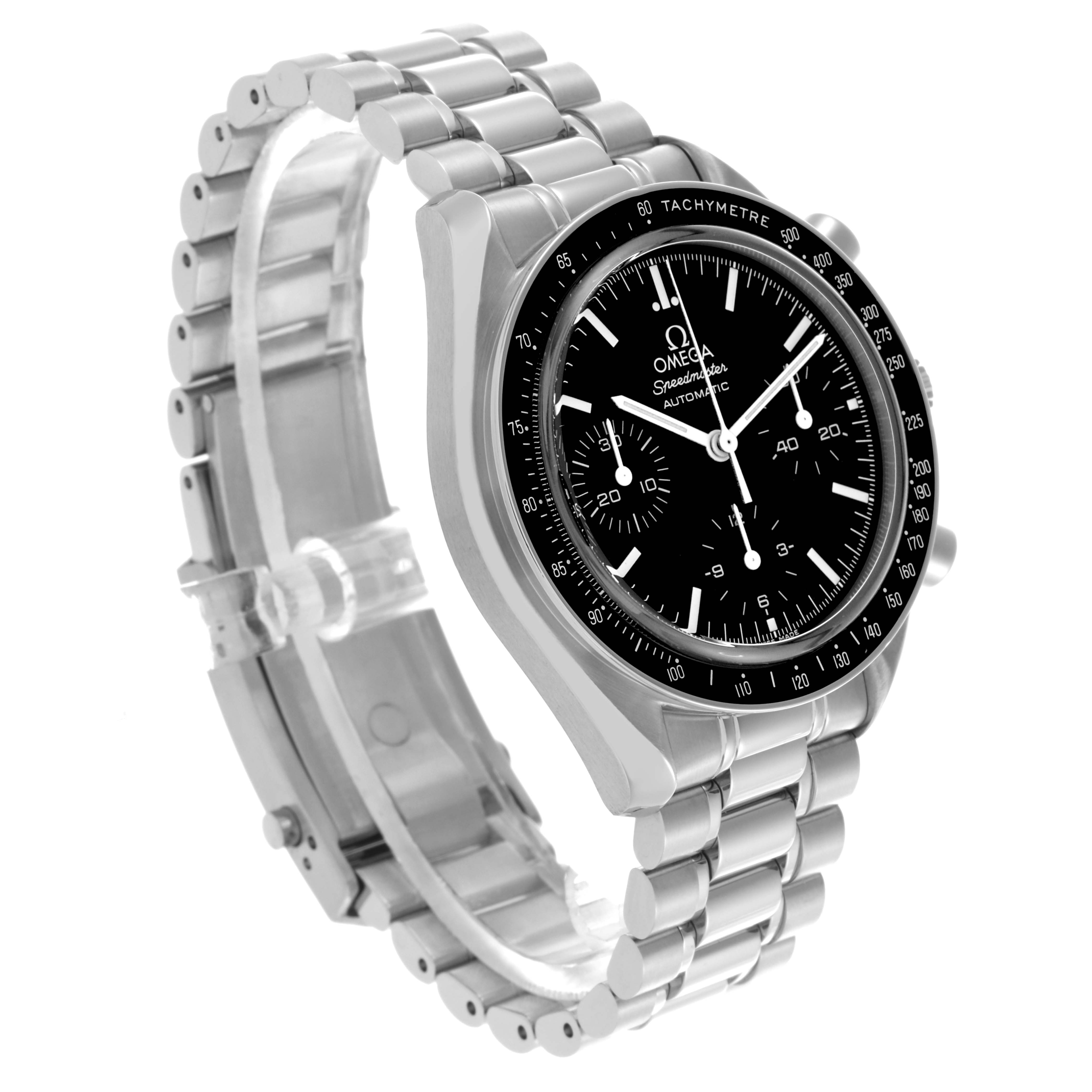 This Omega Seamaster 3539.50.00 Men
s Stainless Steel Black Dial 3539.50.00 Men
s Stainless Steel Black Dial watch is shown at a side angle, displaying the stainless steel bracelet and black dial with tachymeter bezel.