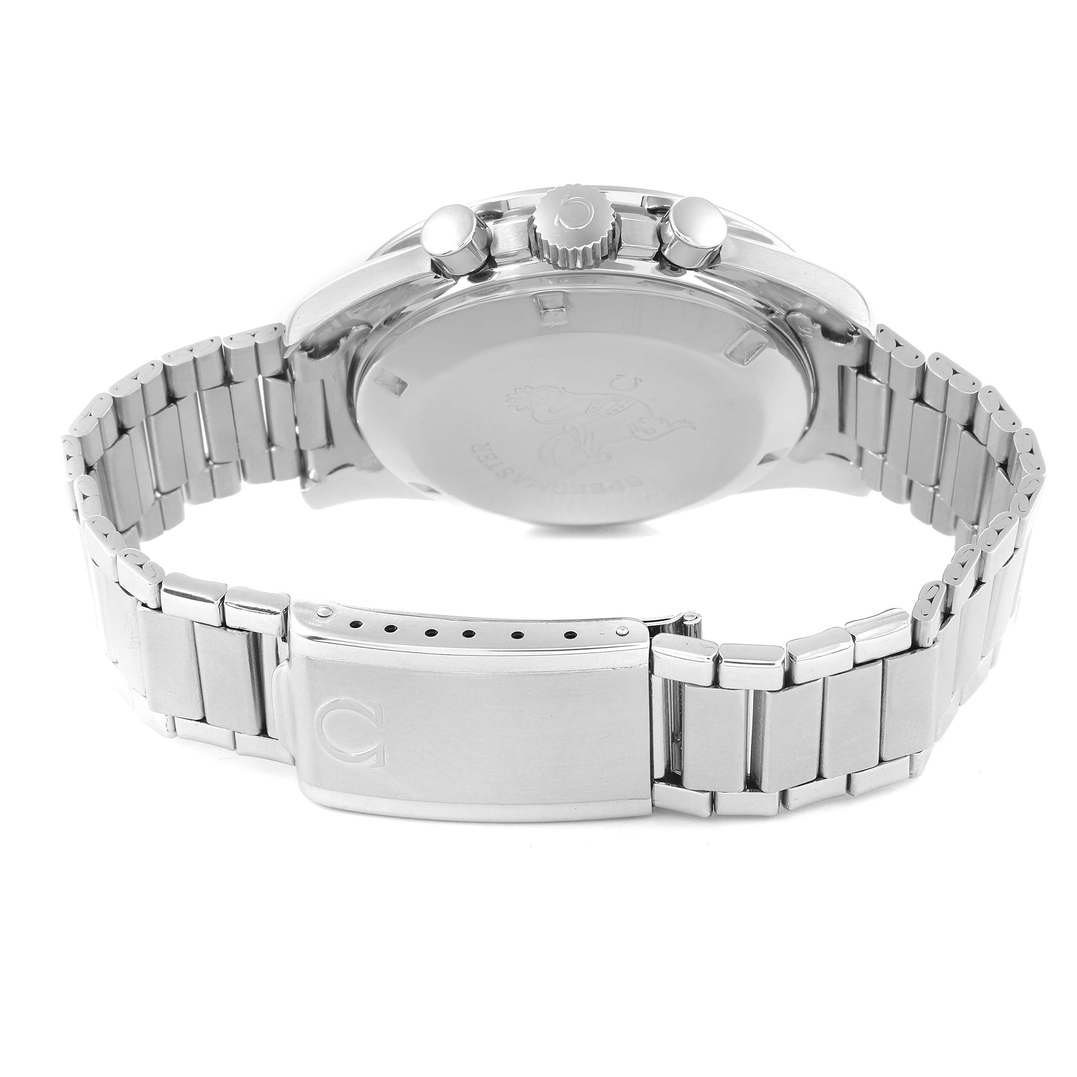 This is the back view of an Omega Speedmaster 145.012-67 Men's Stainless Steel Black Dial 145.012-67 Men's Stainless Steel Black Dial watch, showcasing the bracelet, clasp, and caseback.