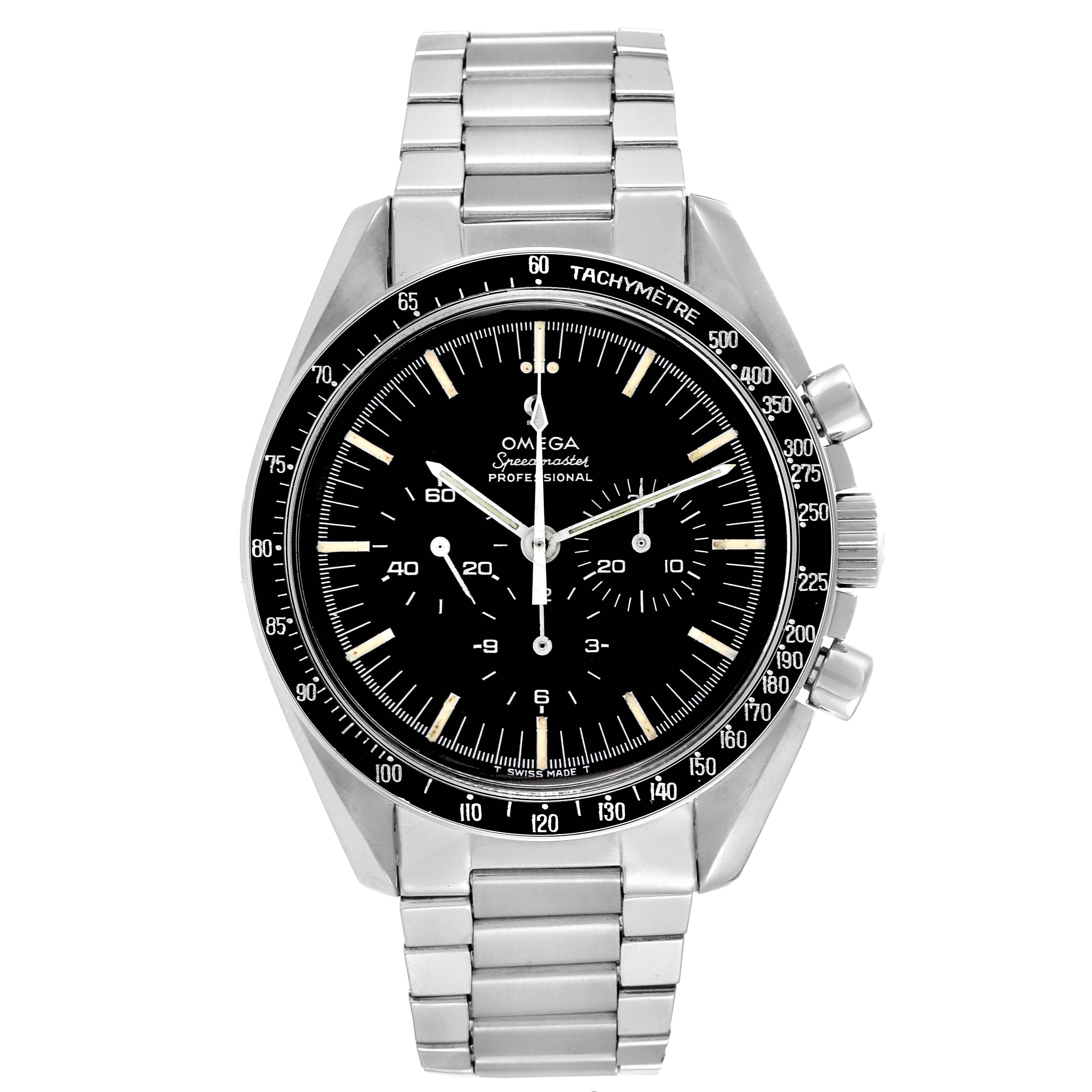 The image shows a front view of an Omega Speedmaster 145.012-67 Men's Stainless Steel Black Dial 145.012-67 Men's Stainless Steel Black Dial watch, highlighting its dial, bezel, crown, pushers, and bracelet.