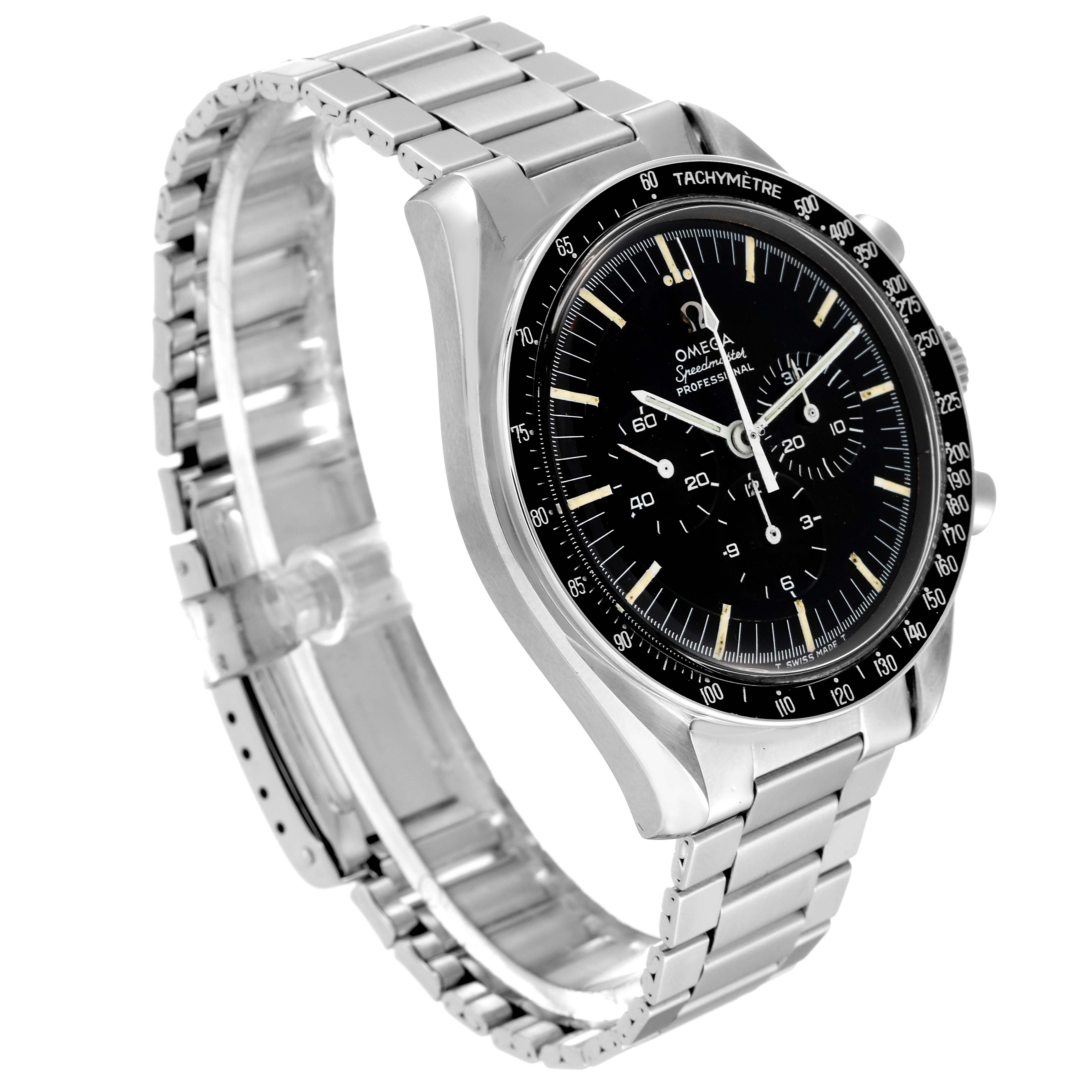 The image shows an Omega Speedmaster 145.012-67 Men's Stainless Steel Black Dial 145.012-67 Men's Stainless Steel Black Dial watch at a side and front angle, highlighting the dial, bezel, and bracelet.