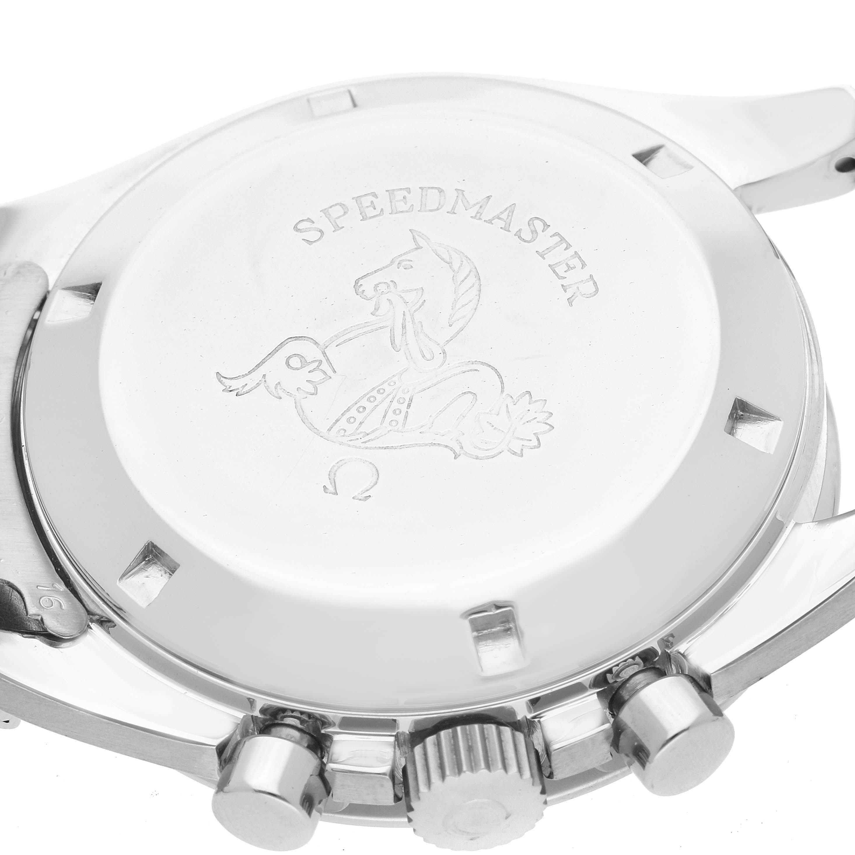 This image shows the back case and crown of an Omega Speedmaster 145.012-67 Men's Stainless Steel Black Dial 145.012-67 Men's Stainless Steel Black Dial watch, highlighting its engraved design and text.