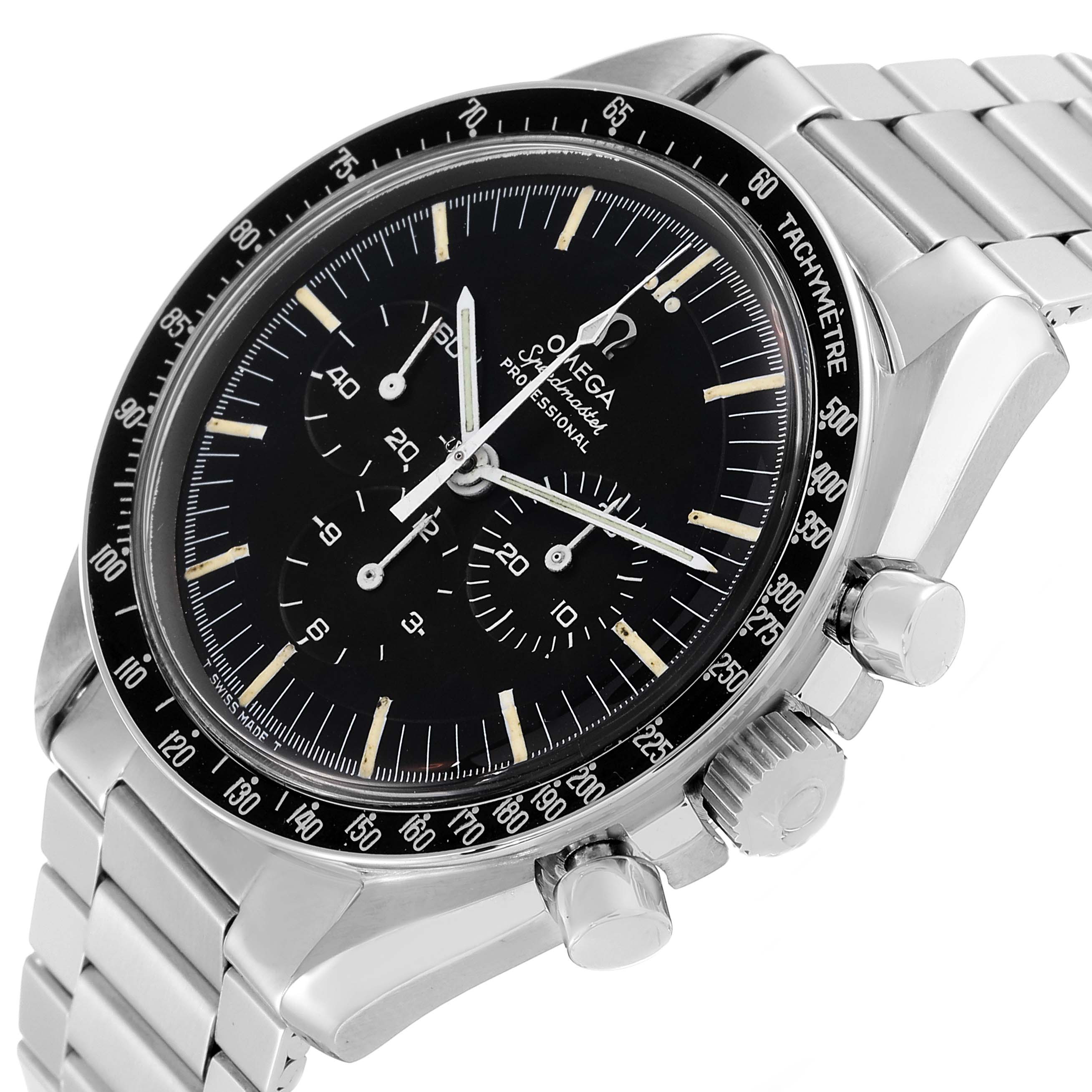 The image shows a close-up of the Omega Speedmaster 145.012-67 Men's Stainless Steel Black Dial 145.012-67 Men's Stainless Steel Black Dial watch, highlighting its dial, bezel, and crown from an angled perspective.