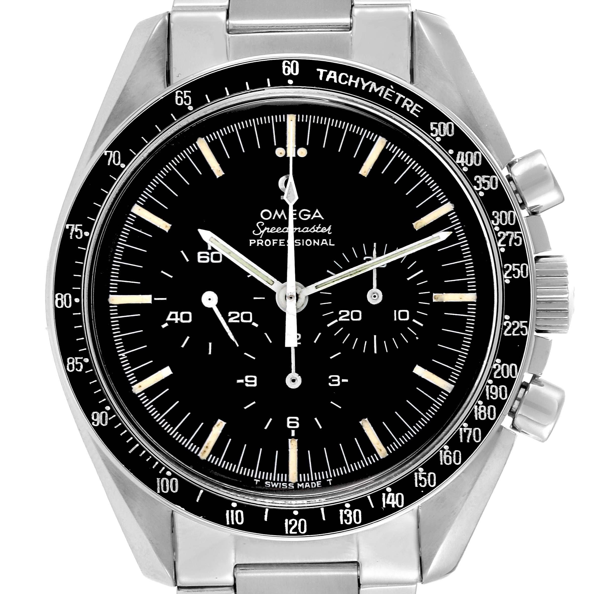 The image shows a front view of an Omega Speedmaster 145.012-67 Men's Stainless Steel Black Dial 145.012-67 Men's Stainless Steel Black Dial watch, highlighting the dial, bezel with tachymeter, and pushers.