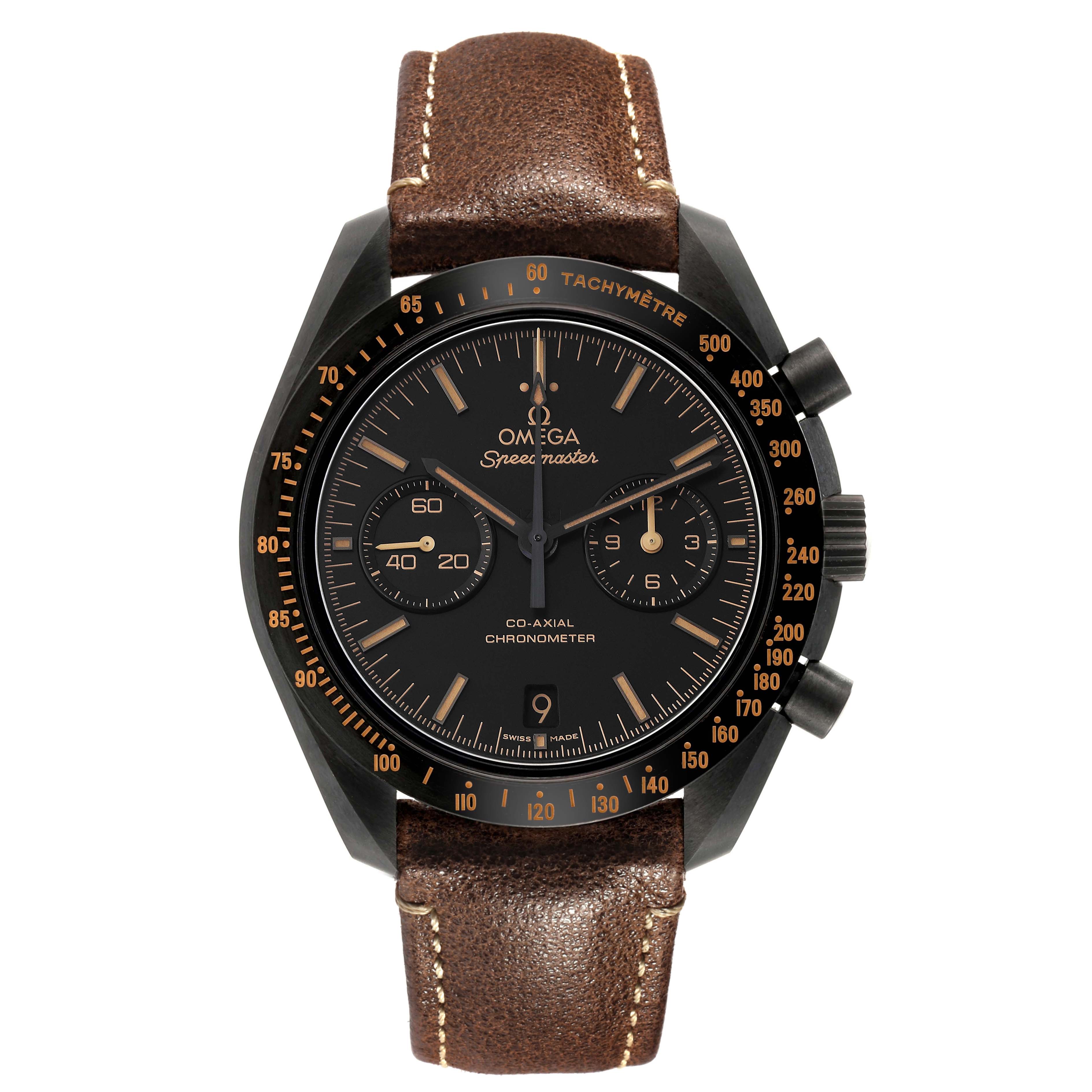 The Omega Speedmaster 311.92.44.51.01.006 Men's Ceramic Black Dial watch is shown from a front view, highlighting its brown leather strap, black dial, and chronograph features.