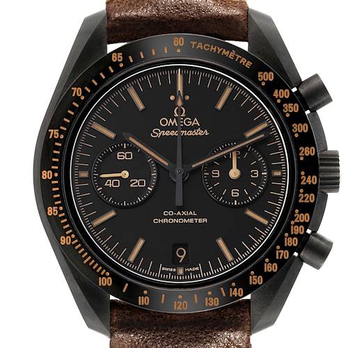 The Omega Speedmaster 311.92.44.51.01.006 Men's Ceramic Black Dial watch is shown from the front, displaying the face, bezel, and crown.