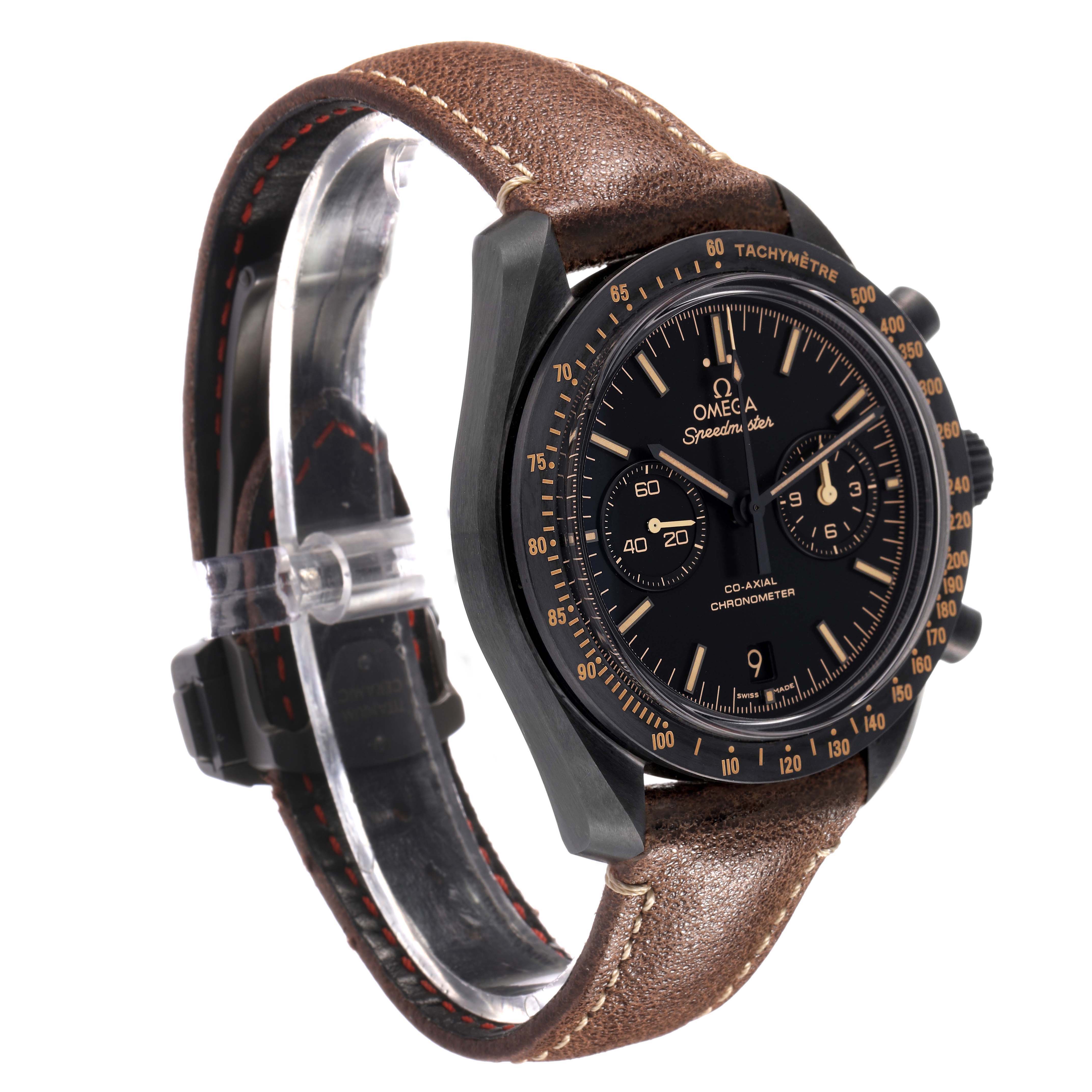 The Omega Speedmaster 311.92.44.51.01.006 Men's Ceramic Black Dial watch is shown at an angled side view, highlighting the dial, bezel, and brown leather strap.