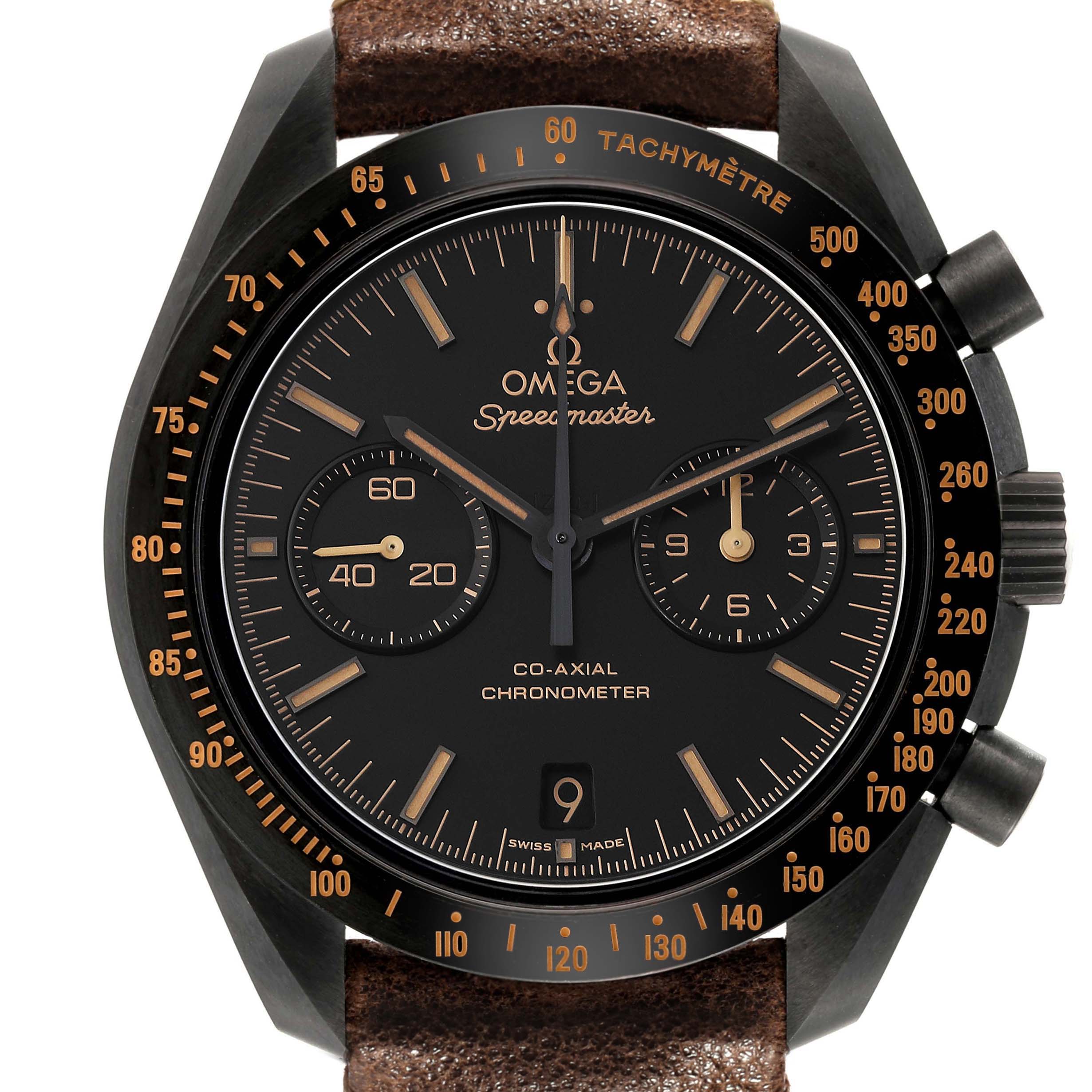 The Omega Speedmaster 311.92.44.51.01.006 Men's Ceramic Black Dial watch is shown from the front, highlighting the face, bezel, and leather strap.