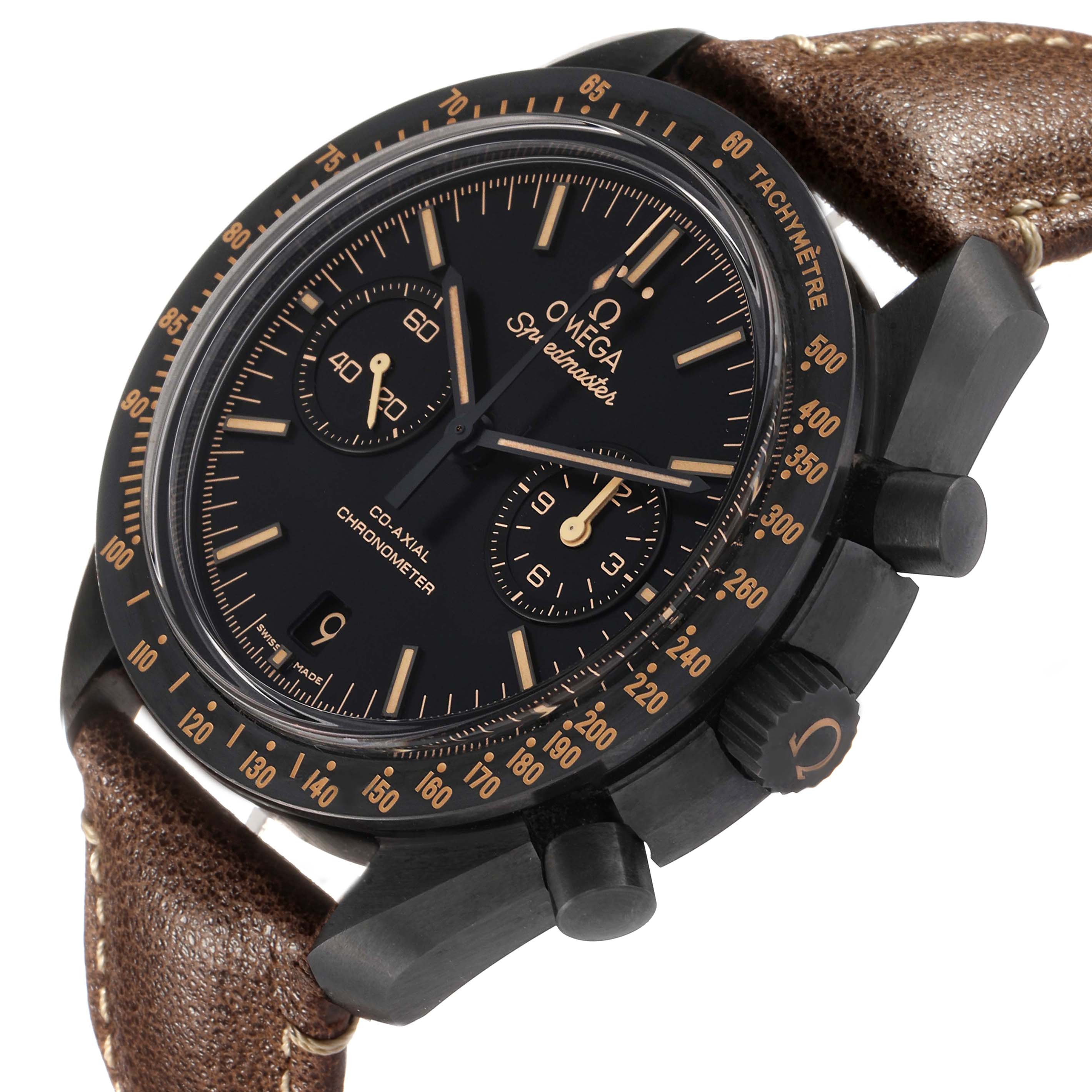 The Omega Speedmaster 311.92.44.51.01.006 Men's Ceramic Black Dial watch is shown at a side angle, displaying the face, subdials, bezel, crown, and leather strap.