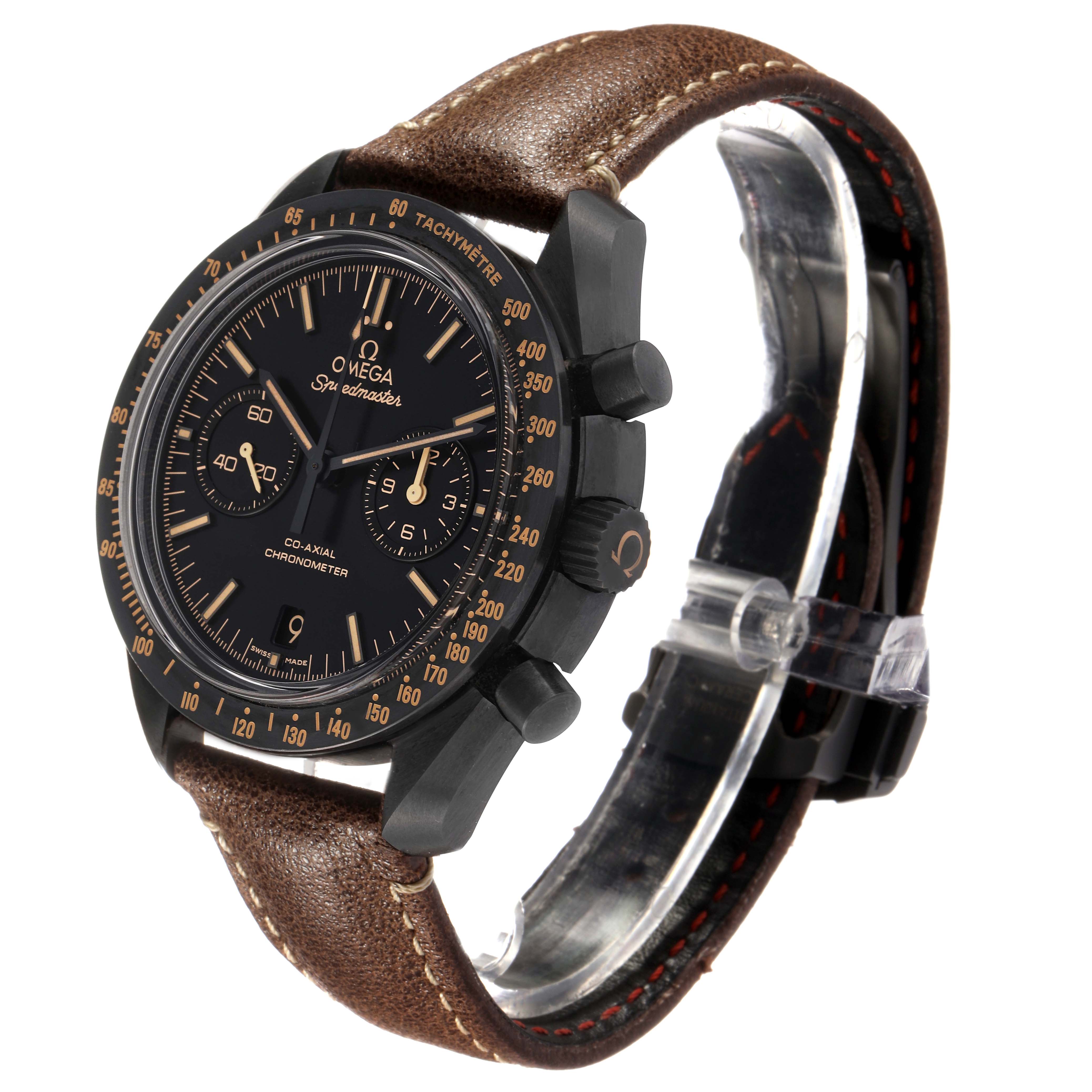 The Omega Speedmaster 311.92.44.51.01.006 Men's Ceramic Black Dial watch is shown from a front-side angle, highlighting the face, bezel, crown, pushers, and leather strap.