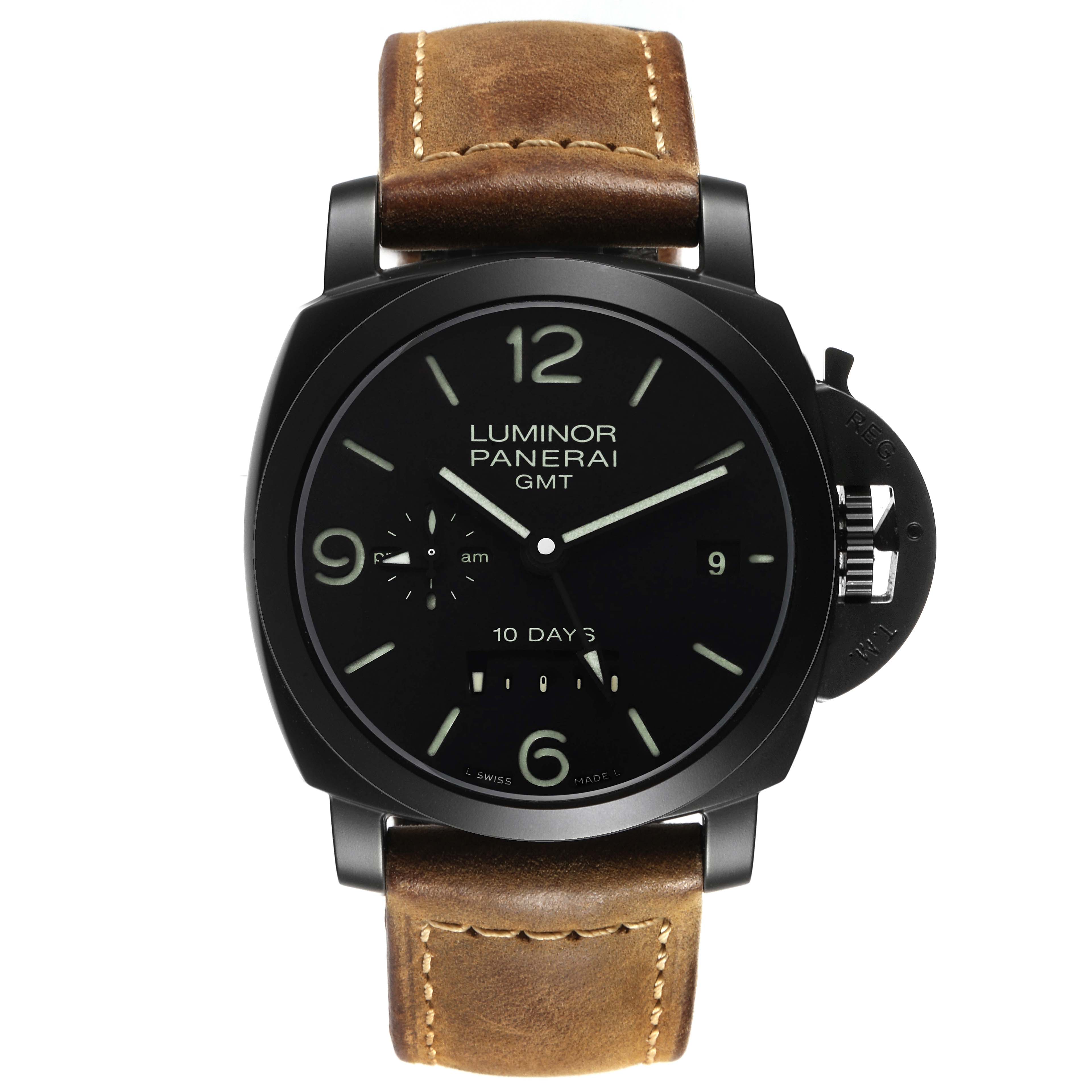 The Panerai Luminor PAM00335 Men's Ceramic Black Dial watch is shown from the front, displaying the dial, leather strap, and signature crown protector.
