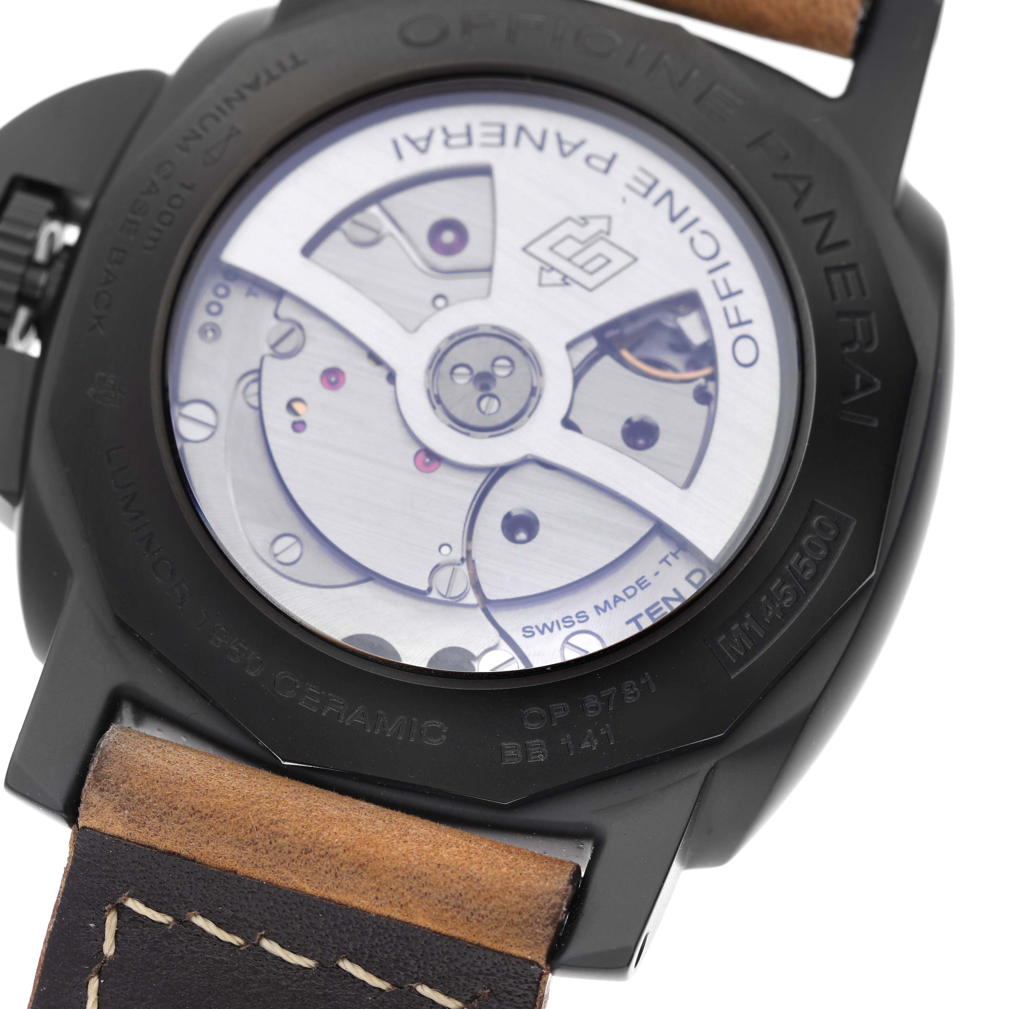 The image shows the back of a Panerai Luminor PAM00335 Men's Ceramic Black Dial watch, highlighting the movement and the case with inscriptions.