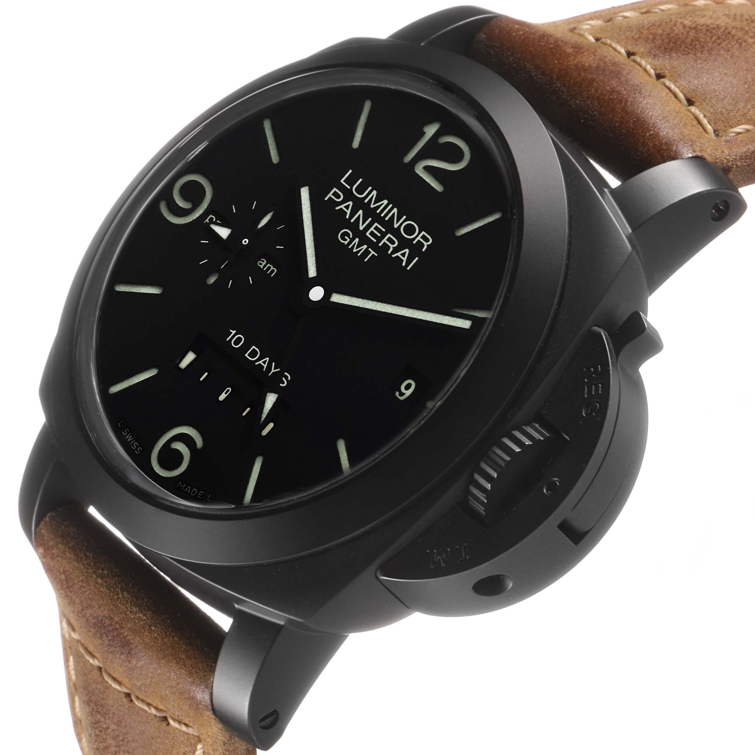 The Panerai Luminor PAM00335 Men's Ceramic Black Dial watch is shown at an angle, highlighting the dial, crown guard, and brown leather strap.