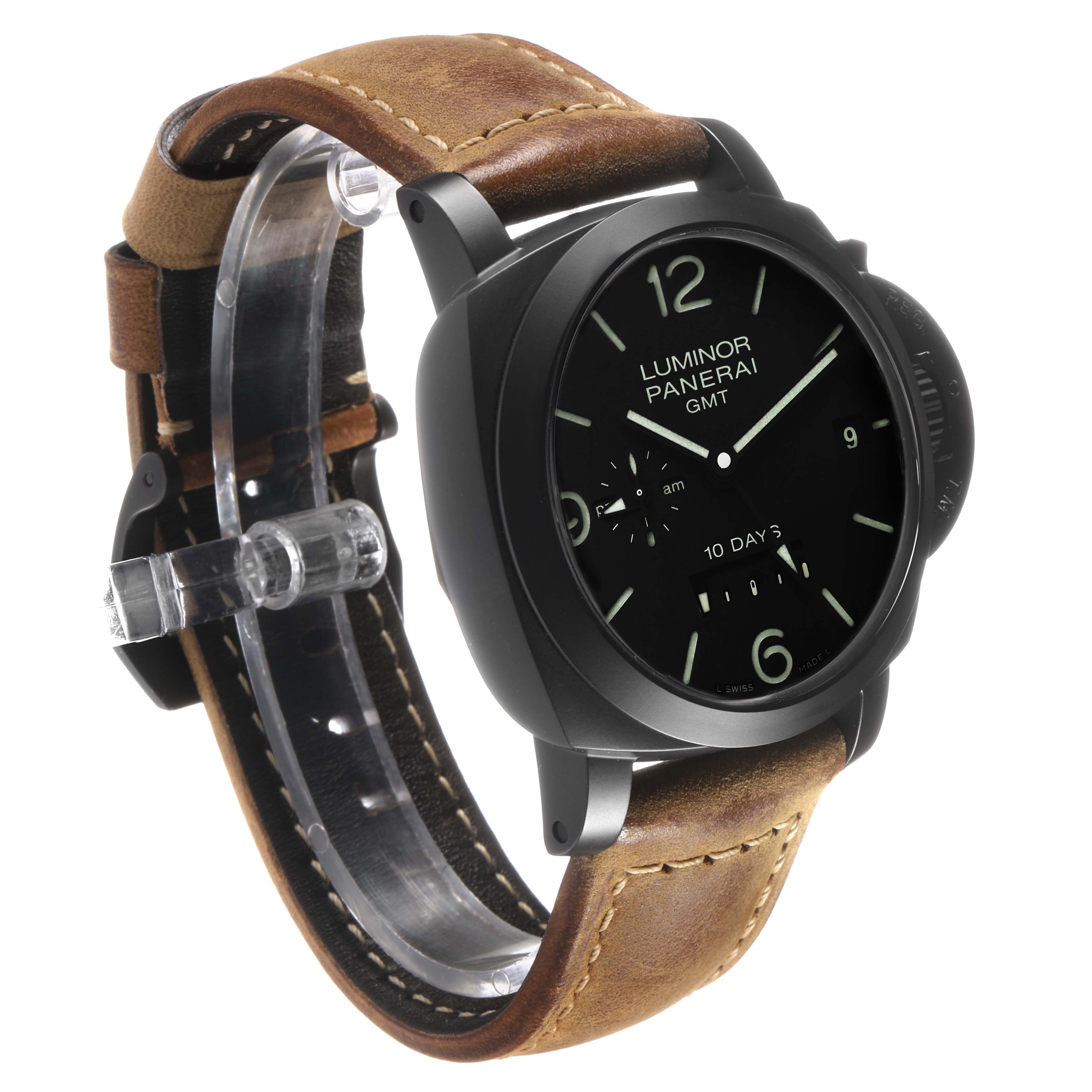 The Panerai Luminor PAM00335 Men's Ceramic Black Dial watch is shown at a three-quarter angle, highlighting the dial, case, and brown leather strap.