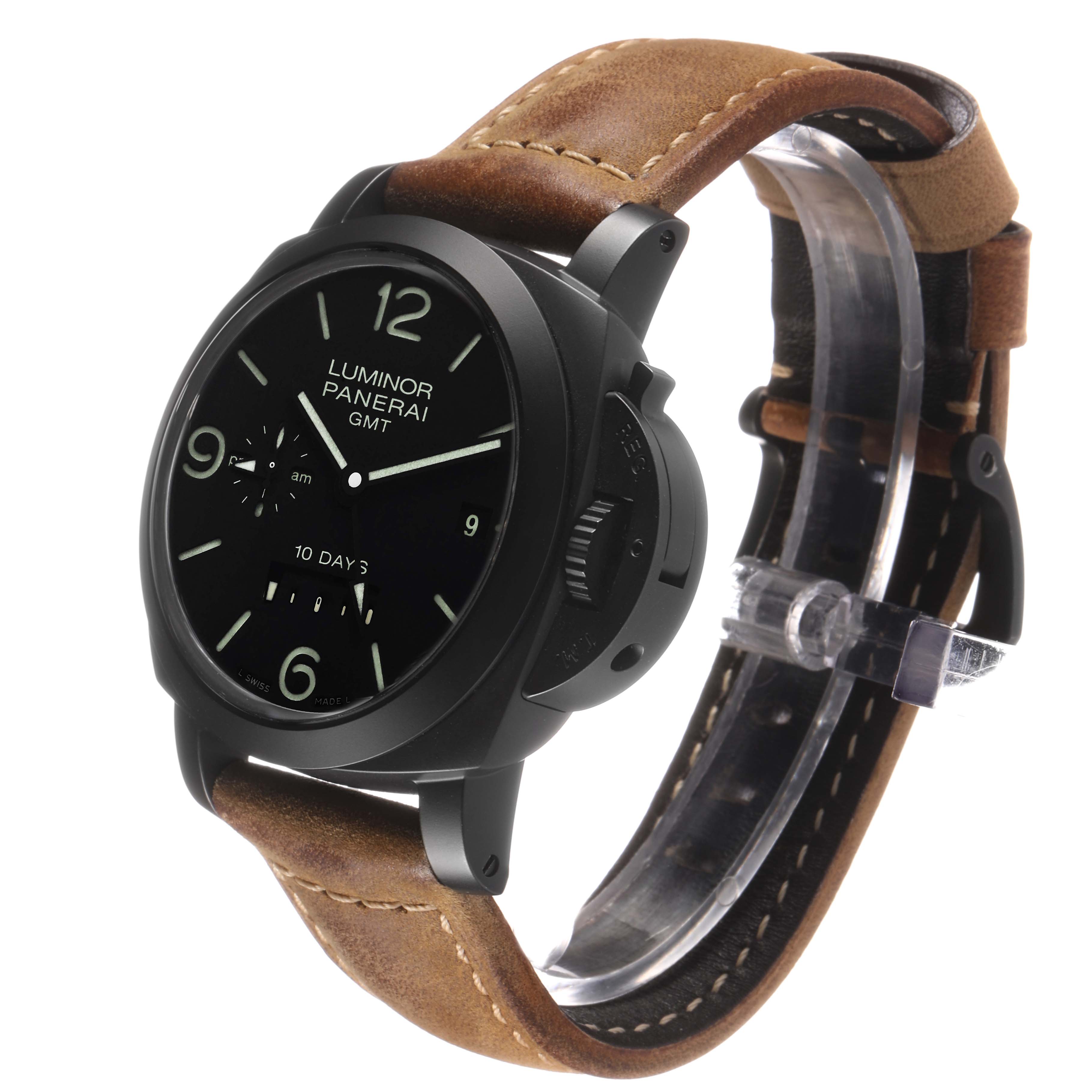 The Panerai Luminor PAM00335 Men's Ceramic Black Dial watch is shown at a slight angle, displaying the face, crown guard, and leather strap.