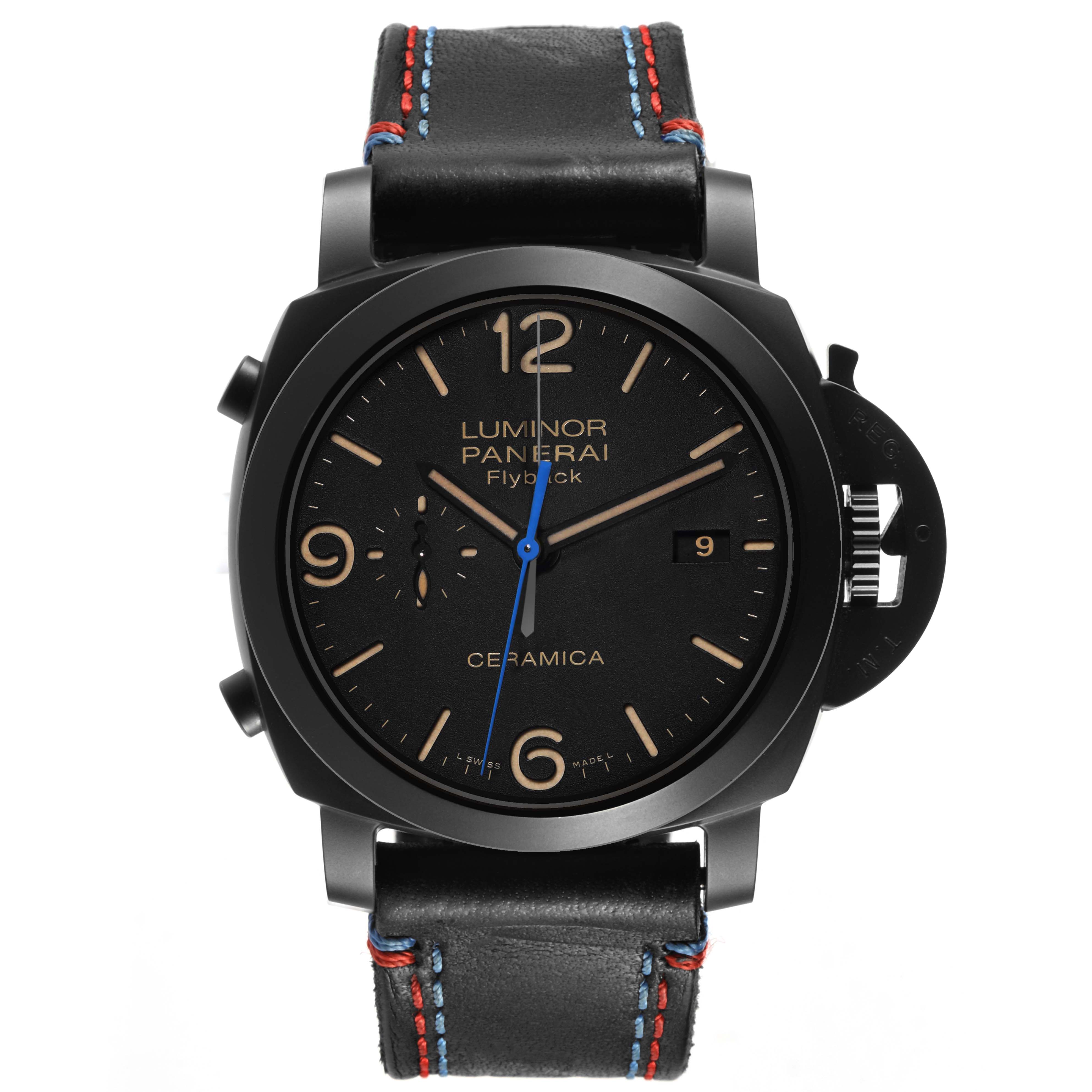 The image shows a Panerai Luminor PAM00580 Men's Ceramic Black Dial watch face with black dial, hour markers, pushers, crown guard, and leather strap detail.