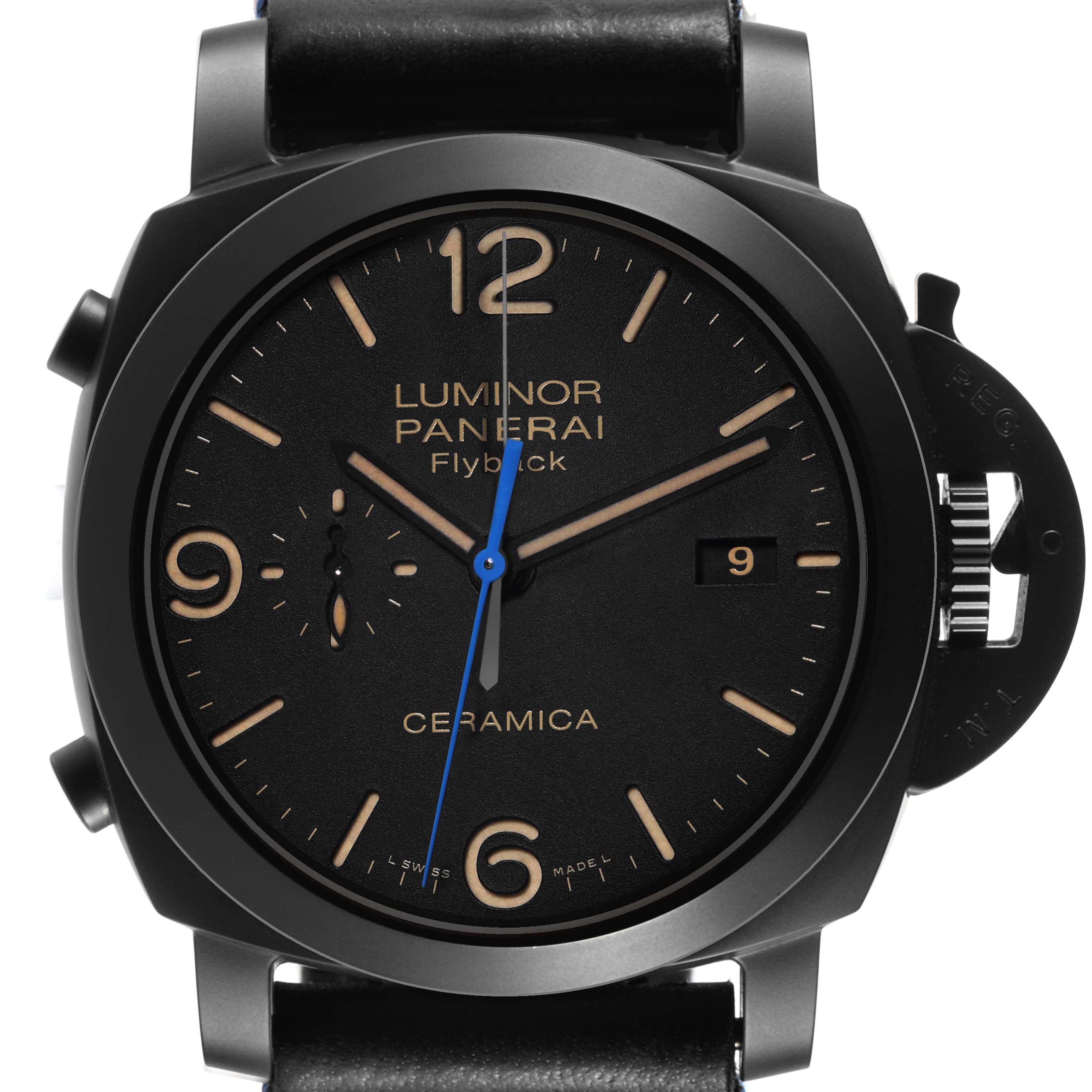 The Panerai Luminor PAM00580 Men's Ceramic Black Dial watch is shown from the front, displaying the dial, hands, and crown guard.