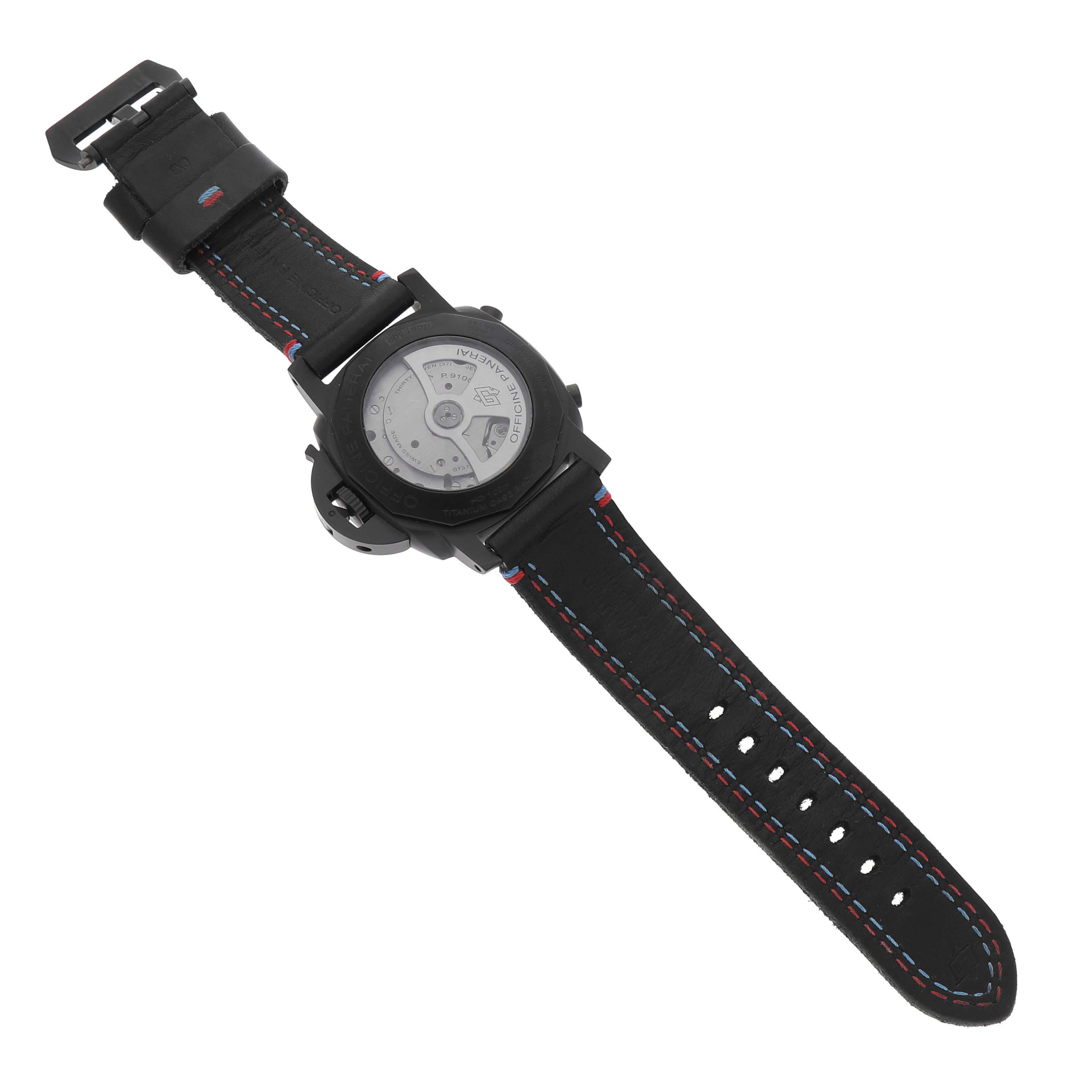 The image shows the back of a Panerai Luminor PAM00580 Men's Ceramic Black Dial watch, highlighting the case back and strap with stitching.